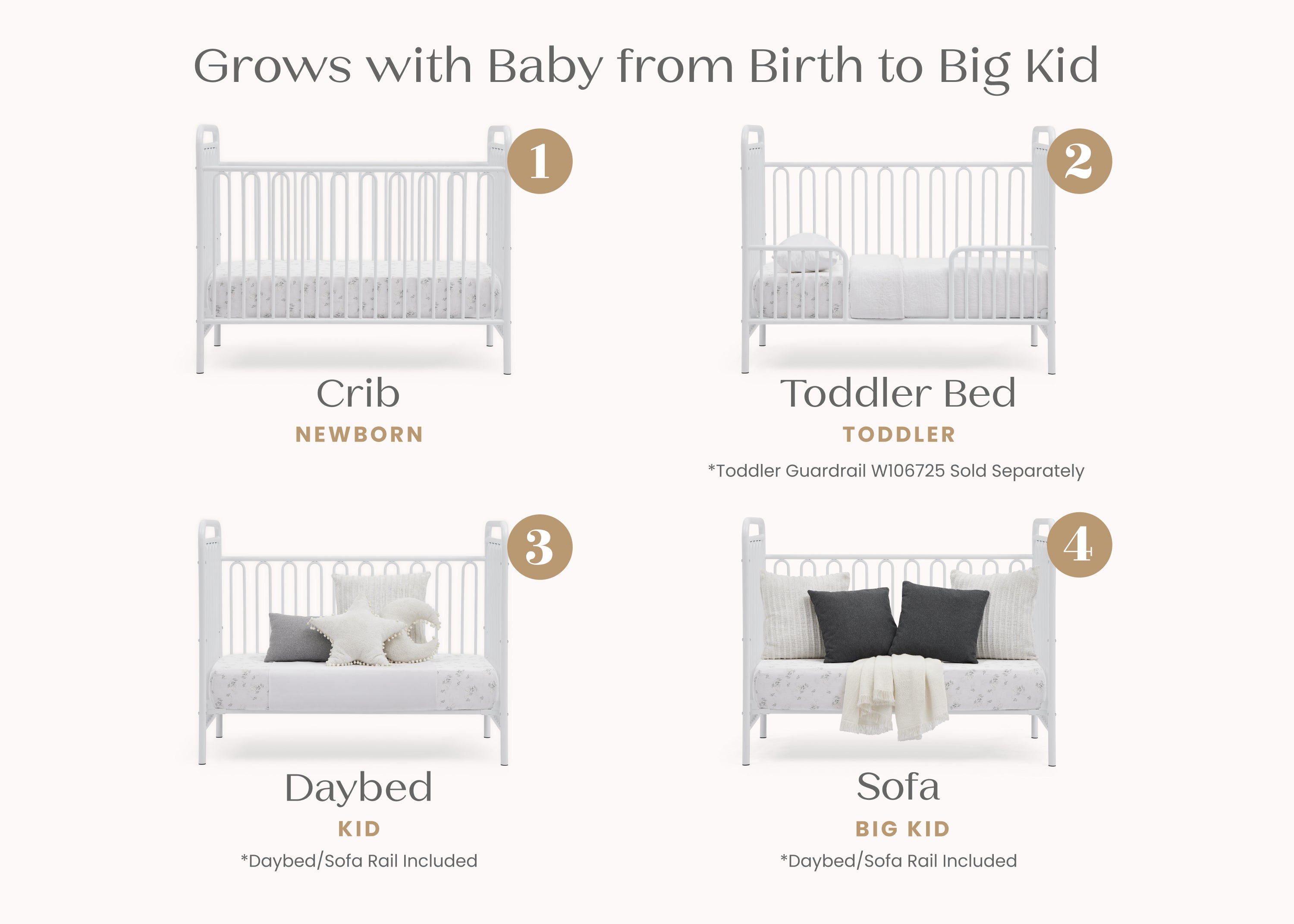 Darcy 4-in-1 Convertible Metal Baby Crib - Toddler Bed, Daybed & Full-Size Bed Conversion - Modern Nursery Furniture for Newborns to Teens (White) | Perfect for Small Spaces & Growing Families