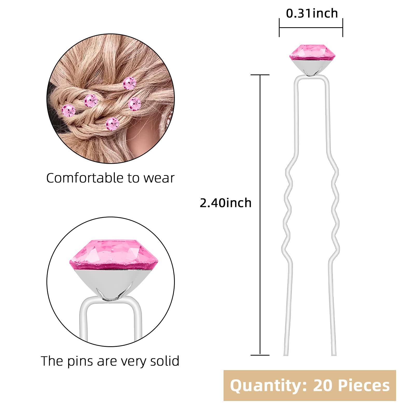 20 Pack Pink Rhinestone Hair Clips - Crystal Bridal Hair Pins for Women Wedding Hair Accessories - Includes Clear Storage Container - Perfect for Bridal Party, Prom, and Special Occasions