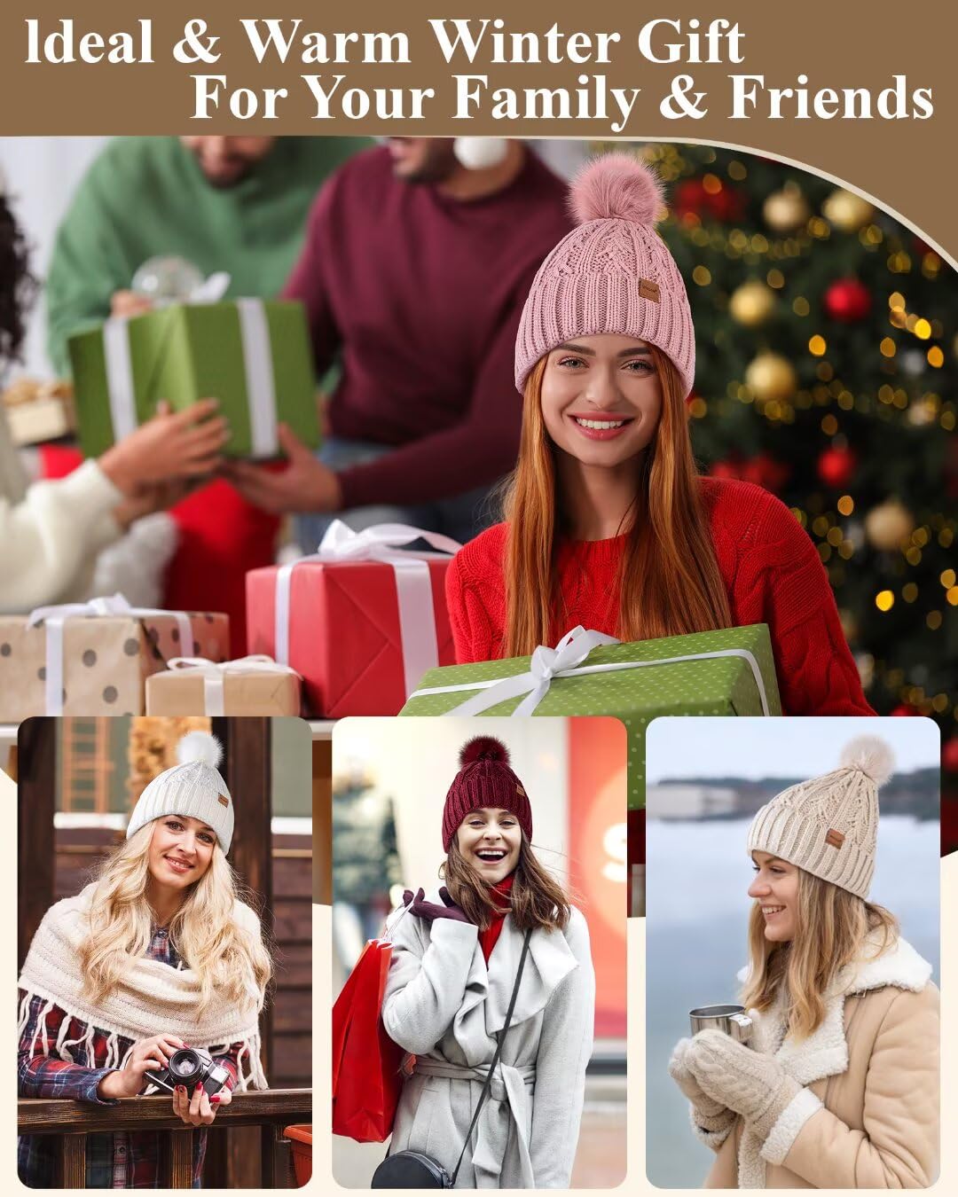 Winuesa Women's Satin Lined Beanie with Pom Pom - Fashionable Winter Knit Hat, Soft Silk Lined Skull Cap for Warmth & Style | Perfect for Cold Weather, Outdoor Activities & Casual Outfits