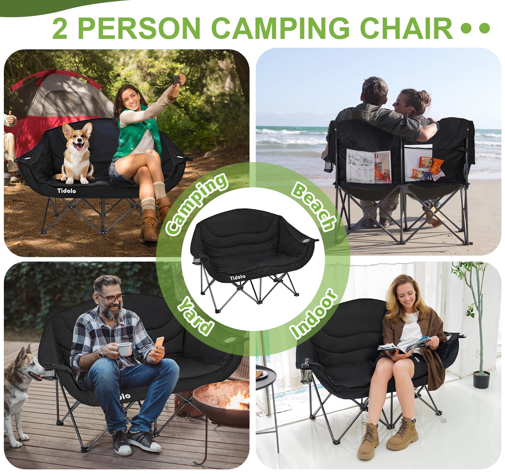 **2-Person Oversized Padded Folding Camping Chair for Adults – Heavy Duty 600LB Capacity, Double Loveseat with Cup & Wine Glass Holders – Perfect for Outdoor Camping, Picnics, Beach & Backyard Relaxation**