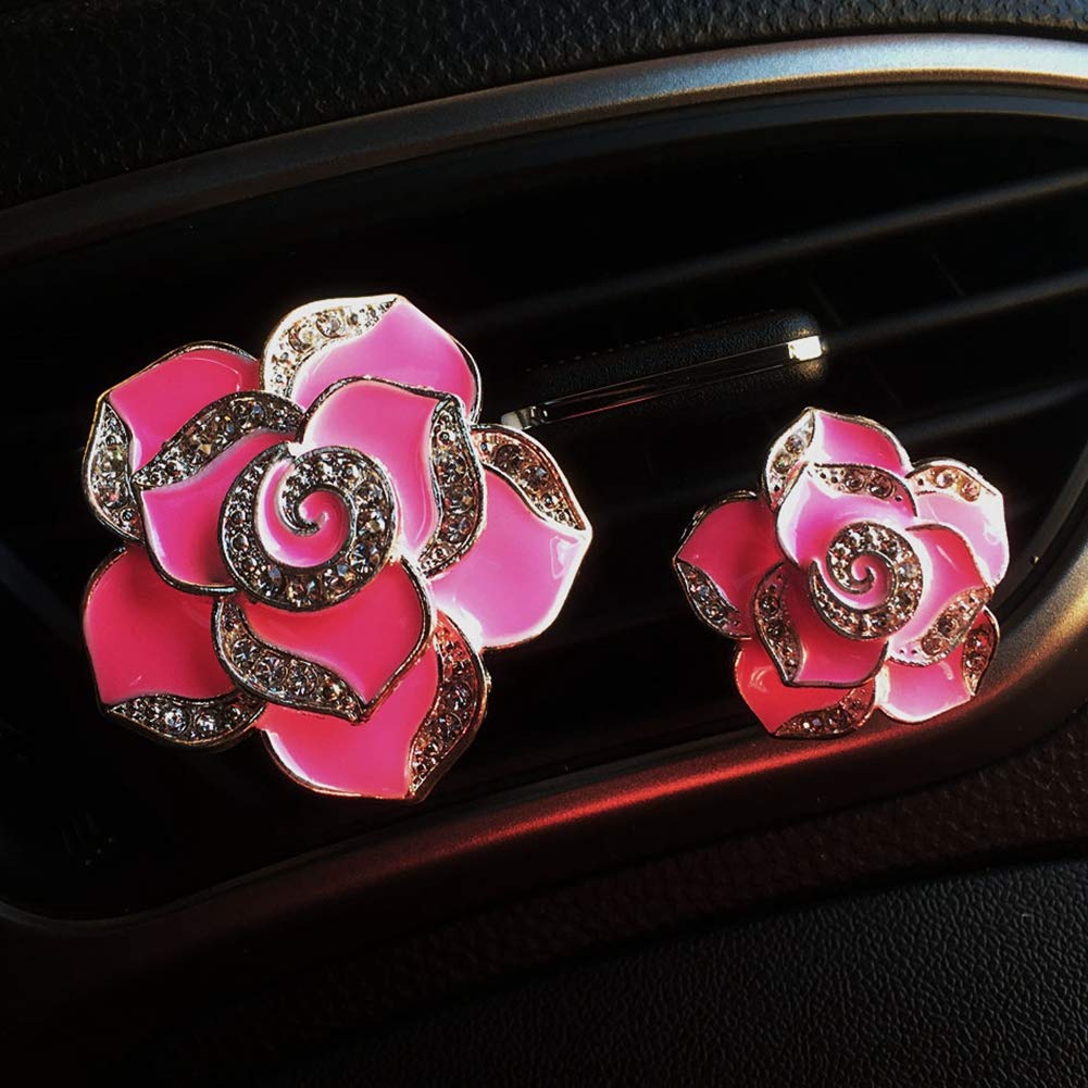 2Pcs Bling Camellia Car Vent Diffuser Clips with Artificial Diamonds - Pink Floral Air Vent Decoration for Car AC & Fragrance - Perfect for Sedans, SUVs & Office Spaces
