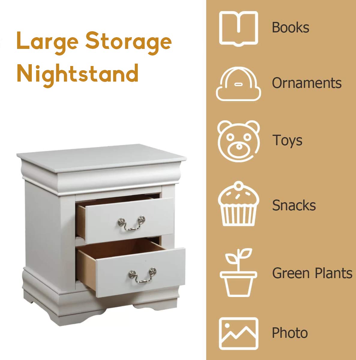 Modern 2-Drawer Nightstand - Solid Wood Bedside Table with Handles for Bedroom, Living Room & Dorm - No Assembly Needed (White) | Perfect for Small Spaces, Guest Rooms & Apartment Decor