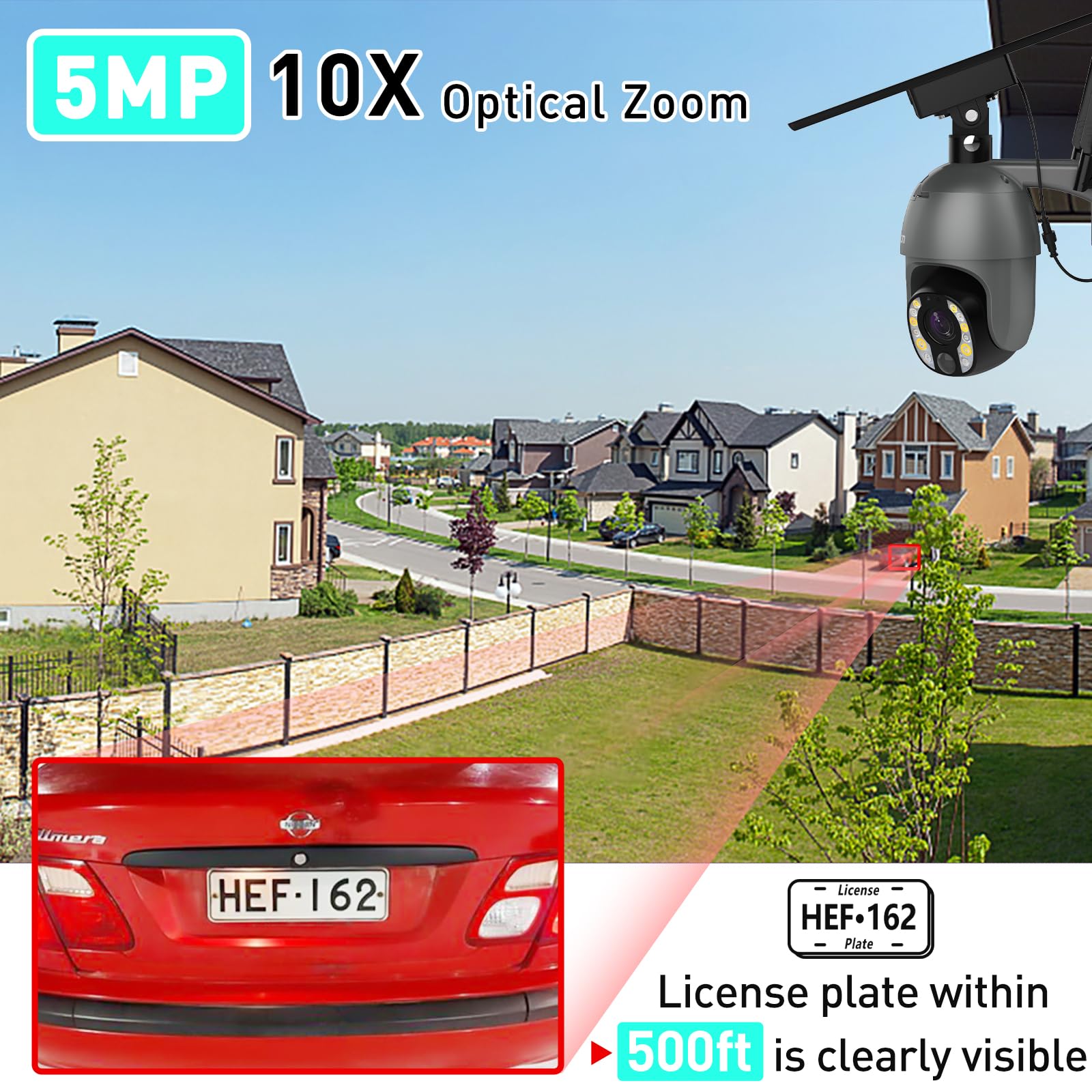 SOLIOM 5MP Wireless Outdoor Security Camera with 10X Optical Zoom, Solar & Battery Powered, Human Detection, Auto Tracking, Spotlight Color Night Vision - Ideal for Home Security, Backyard Monitoring, and Business Surveillance (2.4G Wi-Fi)