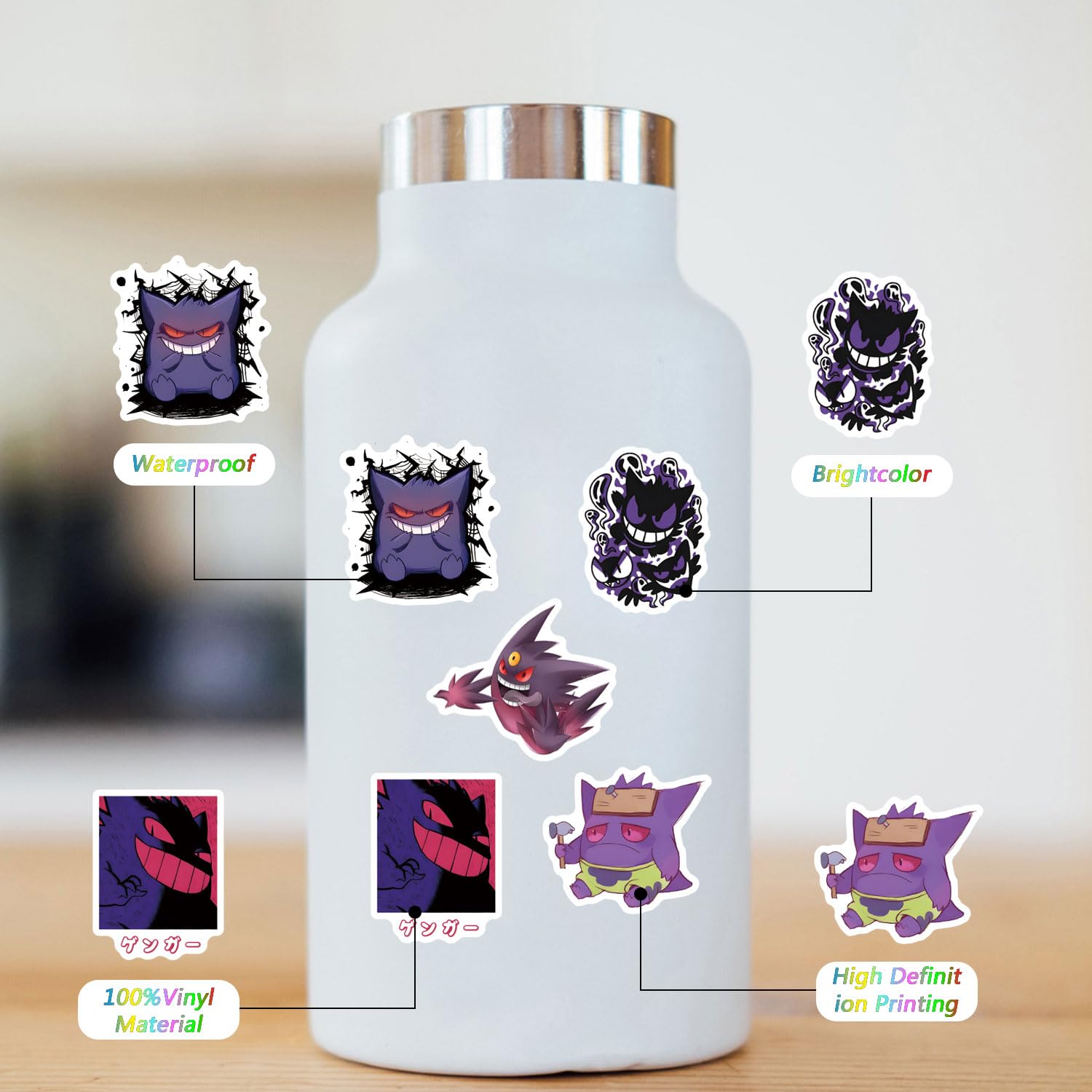 64 PCS Gengar Stickers - Waterproof Vinyl Anime Stickers for Water Bottles, Laptops, Phones - Perfect for Scrapbooking, Journaling, Party Favors & Decor (Great for Adults, Teens & Kids) - Cute Cartoon Aesthetic Stickers for School, Office & Home Use