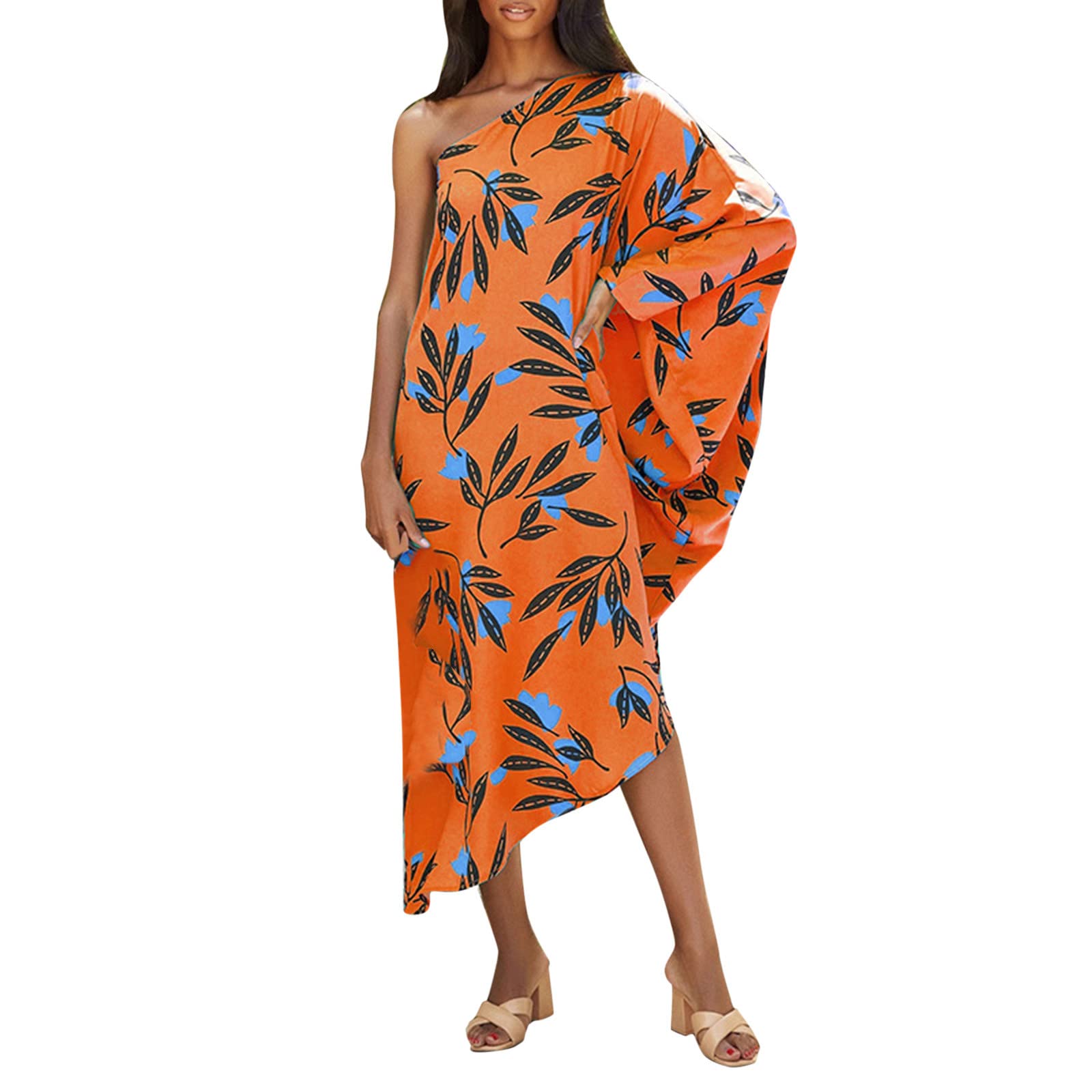 Women's One Shoulder Bodycon Dress - Summer Party & Beach Cover Up Flowy Kaftan Loose Long Dress in Orange | Perfect for Cocktail Parties, Vacations & Casual Outings