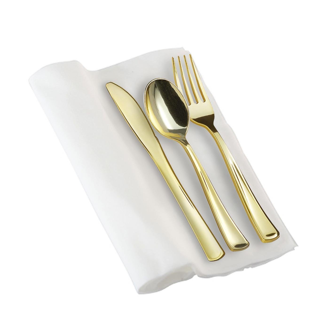 Premium Gold Disposable Plastic Cutlery Set - 10-Piece White Napkin Roll Tableware Kit for Parties, Weddings & Catering - Elegant Dining Essentials for Events & Gatherings