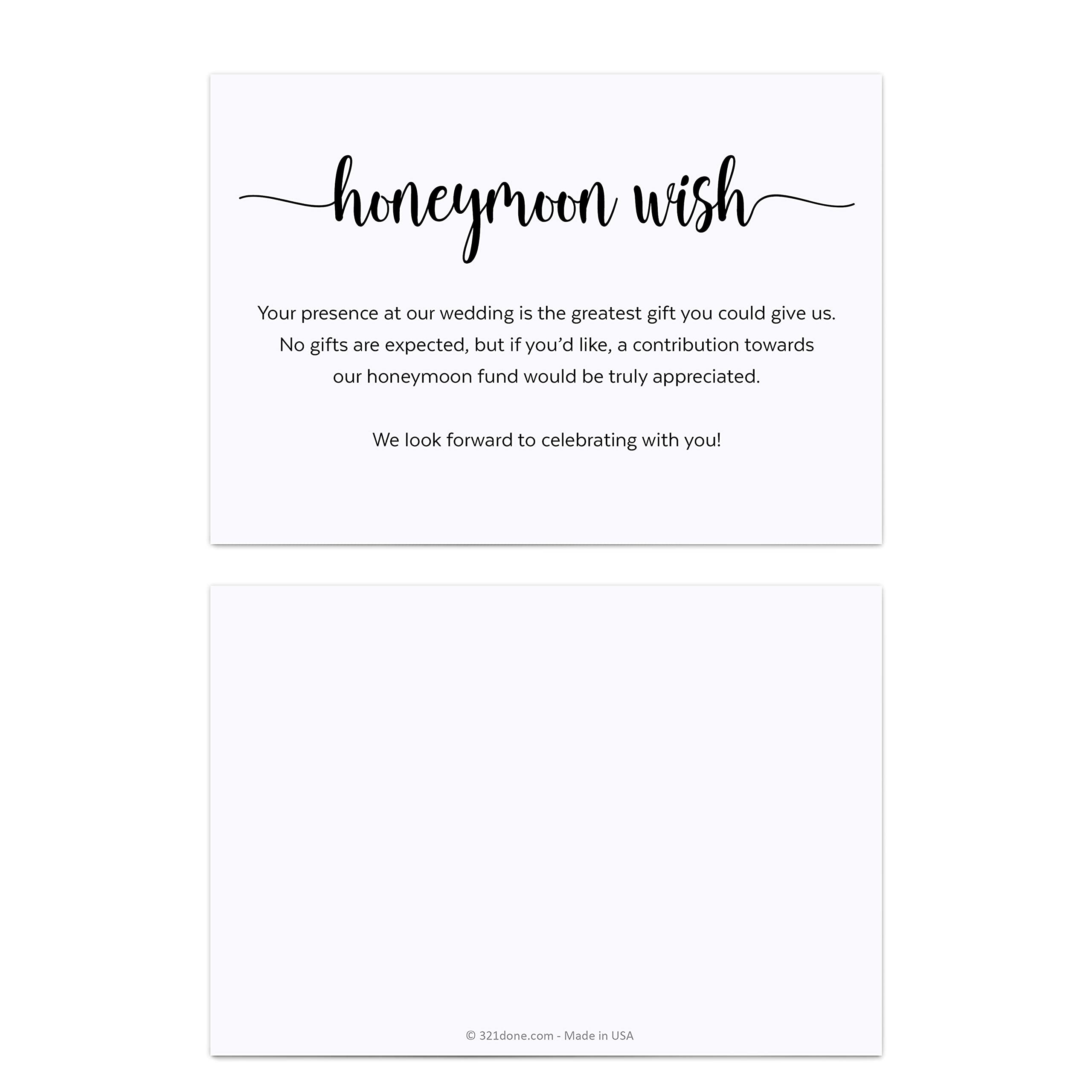 Honeymoon Fund Wish Cards - Set of 50, White 3.5x5 Wedding Invitation Inserts, No Gifts Requested - Perfect for Wishing Well, Honeymoon Fund & Wedding Enclosure Cards - Made in USA