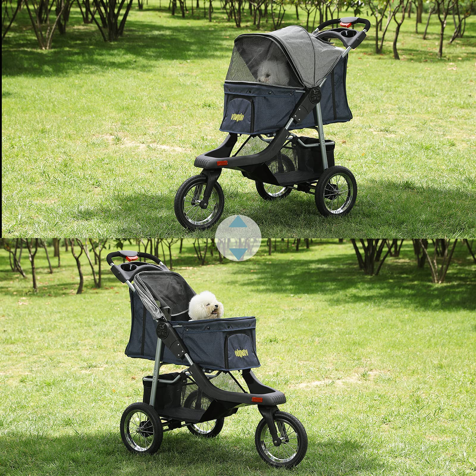 VIAGDO Premium Heavy Duty Pet Stroller for Small & Medium Dogs & Cats - 3-Wheel Foldable Dog & Cat Carrier with Suspension System, Link Brake & One-Hand Fold - Supports Up to 55 lbs (Blue & Grey) - Perfect for Vet Visits, Outdoor Walks & Travel