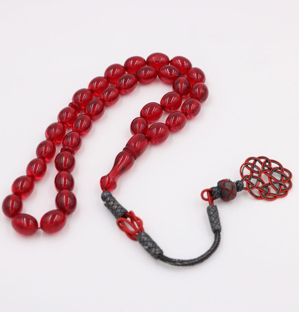 Premium Islamic Tasbih Prayer Beads - Genuine Amber & 925 Sterling Silver Kazaz Tassel - 33 Large Red Oval Beads for Muslim Prayer, Meditation & Spiritual Gift