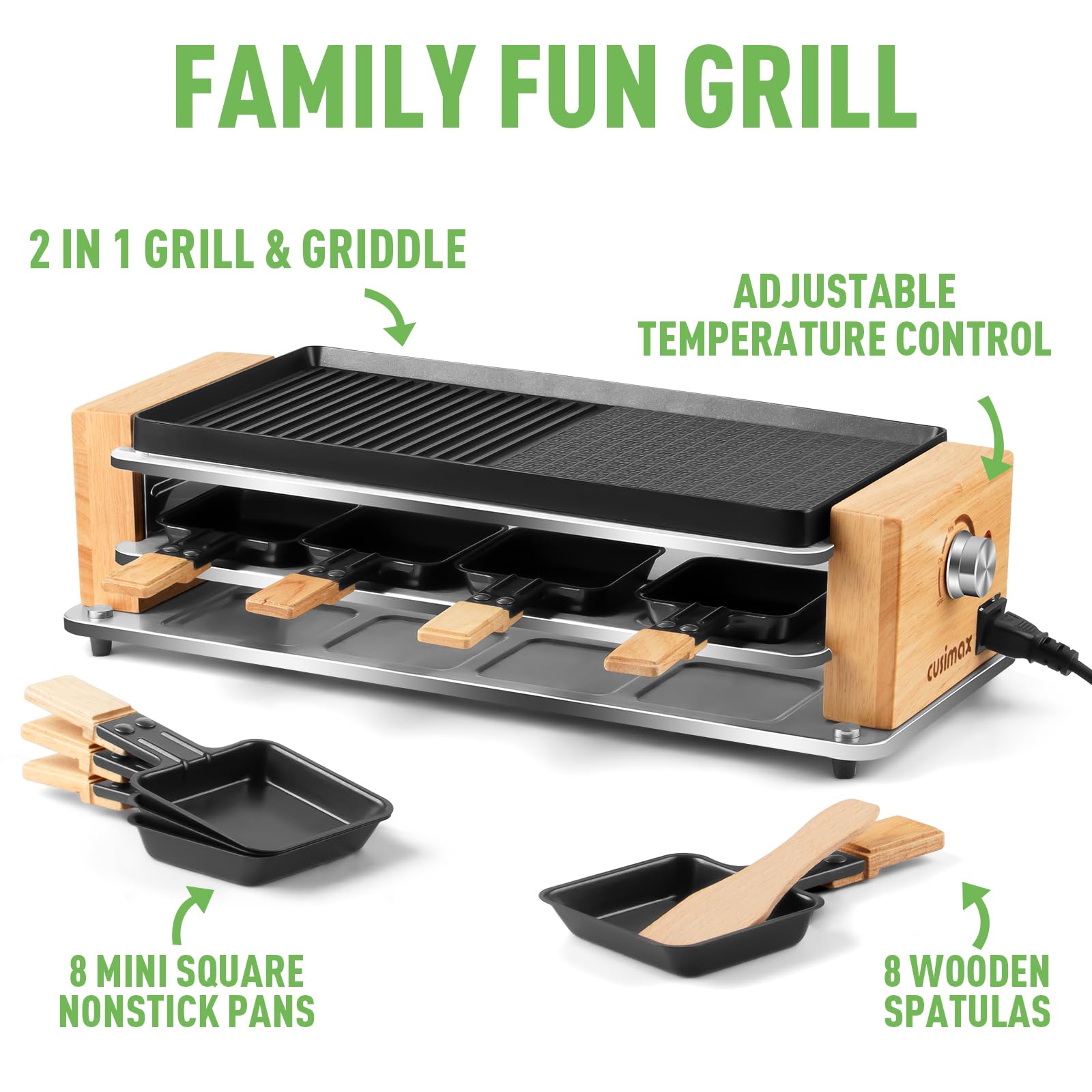 CUSIMAX 2-in-1 Electric Raclette Grill & Griddle - Non-Stick Indoor Table Grill with 8 Cheese Pans, Wooden Frame & Spatulas - Perfect for Korean BBQ, Family Gatherings & Dinner Parties