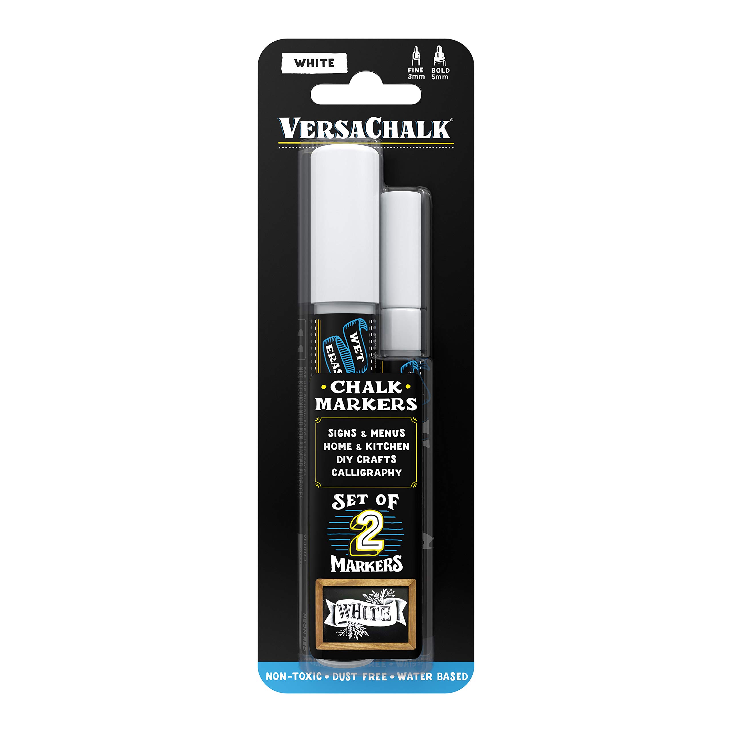 VersaChalk White Chalkboard Markers - Wet Erase Dustless Chalk Paint Pens for Blackboard, Dry Erase Whiteboard & Signs (2-Pack) - Perfect for Restaurants, Classrooms & DIY Home Decor