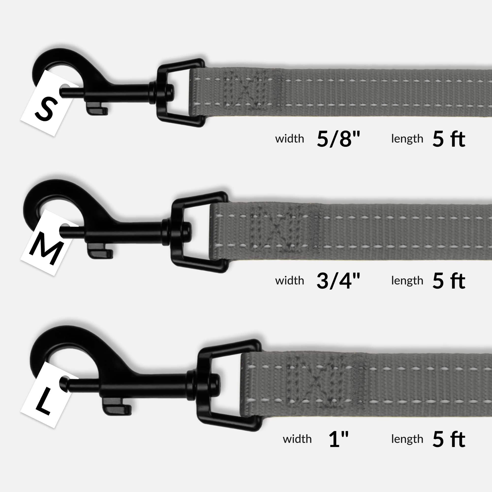 CollarDirect 5ft Heavy Duty Reflective Nylon Dog Leash for Large Medium Small Dogs - Durable Pet Walking Running Training Lead for Outdoor Daily Use (Grey, Small) - Perfect for Park Hikes Jogging & Nighttime Safety