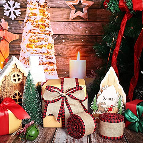2 Rolls Buffalo Plaid Wired Edge Ribbon - Christmas Burlap Fabric Craft Ribbon for DIY Wrapping, Gift Bows, Holiday Decor (6 Yards per Roll, Checkered Edge) - Perfect for Tree Trimming, Present Wrapping & Seasonal Crafts