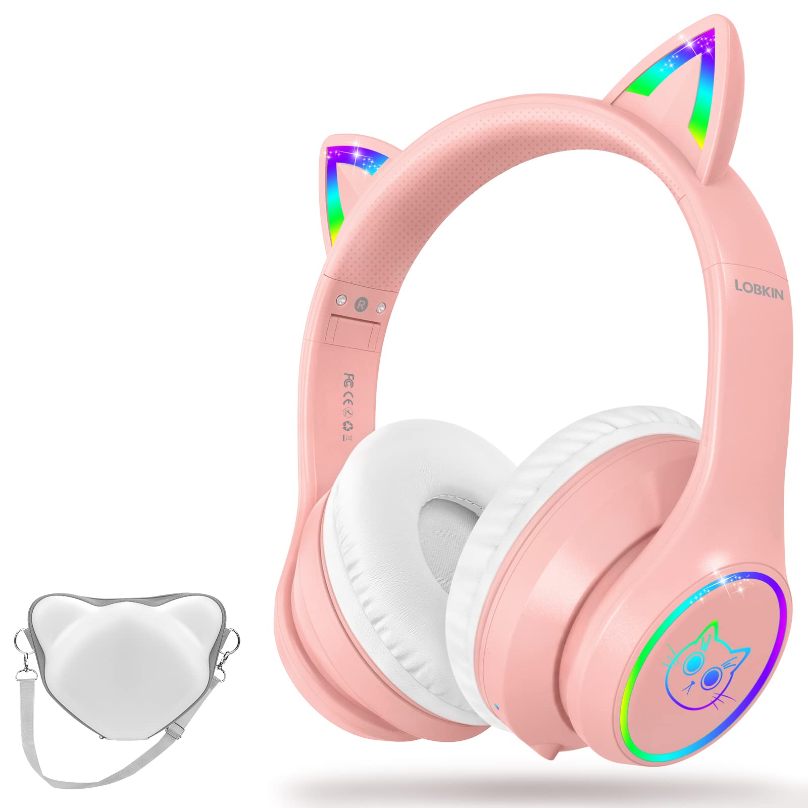 LOBKIN Bluetooth 5.1 Kids Headphones with Case - RGB LED Light Up Cat Ears, Foldable Adjustable Wireless On-Ear Headset for Toddlers, Girls & Boys Teens (Pink) | Perfect for School, Travel, Gaming & Music Listening