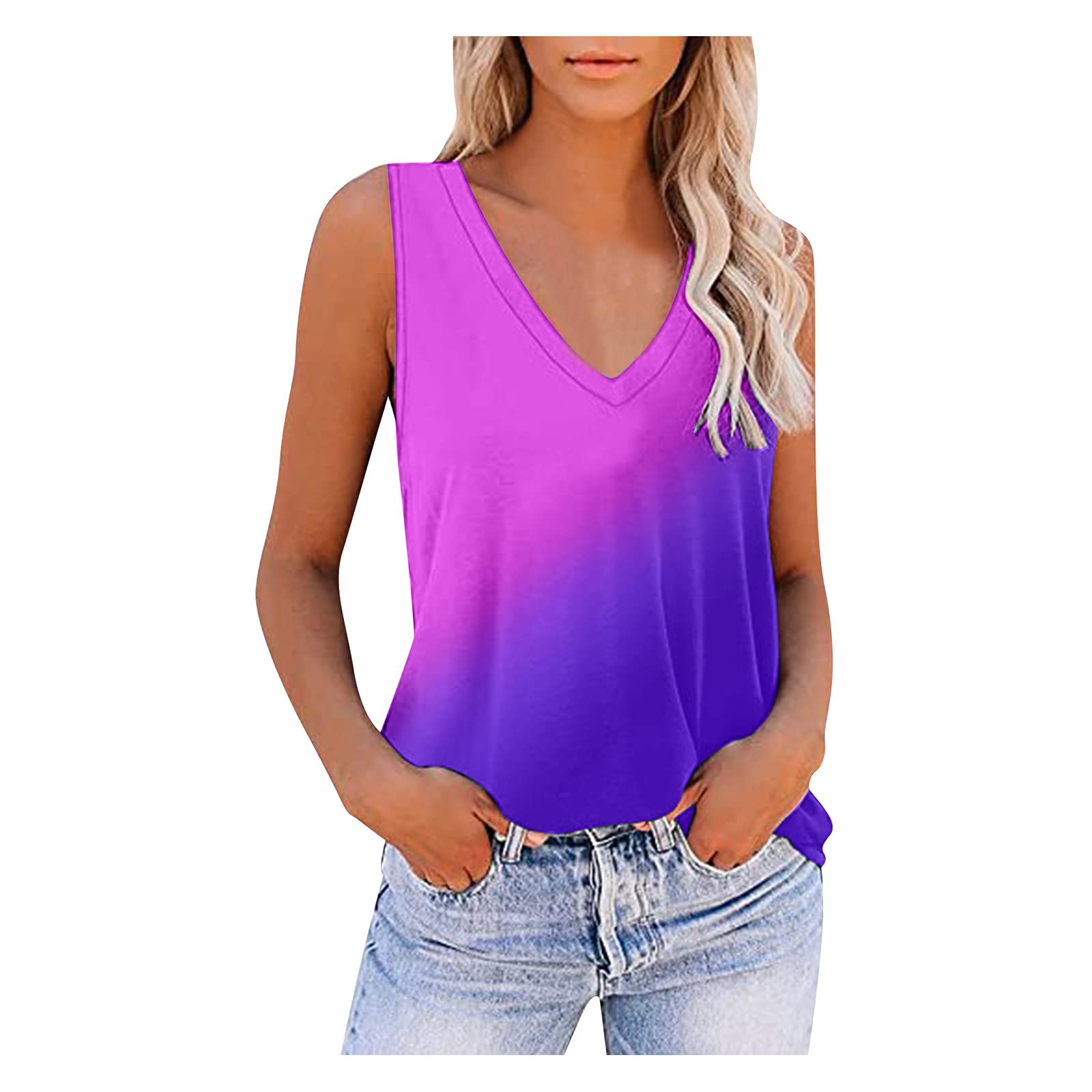 Women's Sleeveless V-Neck Workout Tops - Printed Running Athletic T-Shirts for Yoga, Gym & Casual Wear (#05-Purple, Small)