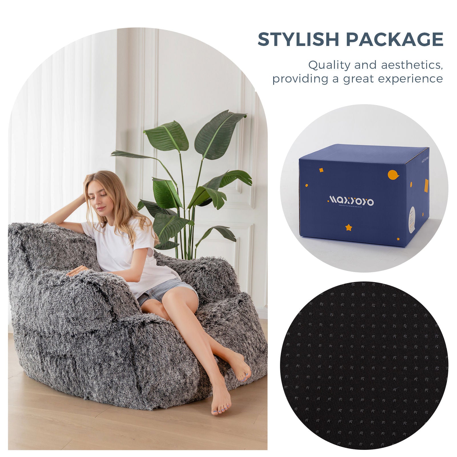 MAXYOYO Giant Bean Bag Chair - Ultra Soft Faux Fur Oversized Bean Bag Couch for Adults & Teens - Black - Perfect for Living Room, Bedroom, Dorm or Game Room Relaxation
