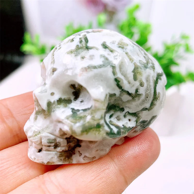 Natural Moss Agate Skull Carving - 2in Mini Crystal Stone Statue Figurine for Home Decor, Halloween Decoration & Witchcraft Gift - Perfect for Altar Display, Meditation Space & Gothic Decor