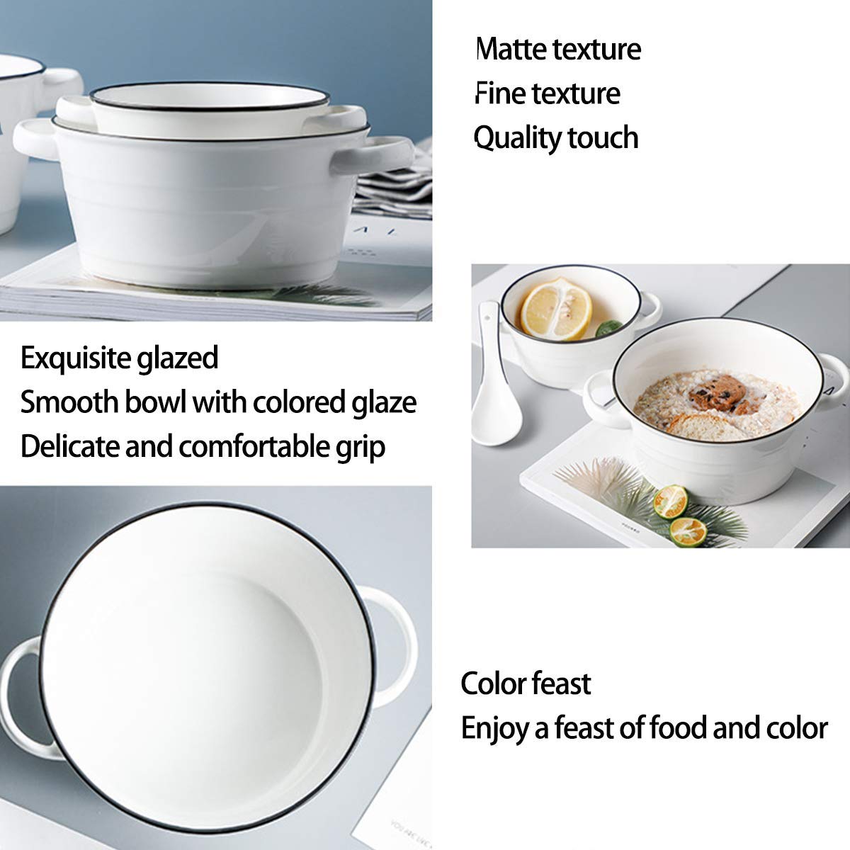 Premium Ceramic Soup Bowls with Handles - 68oz Large Noodle Bowls Set of 4 - Durable White Porcelain Serving Dishes for Ramen, Pho, Cereal & Family Dinners - Microwave & Dishwasher Safe