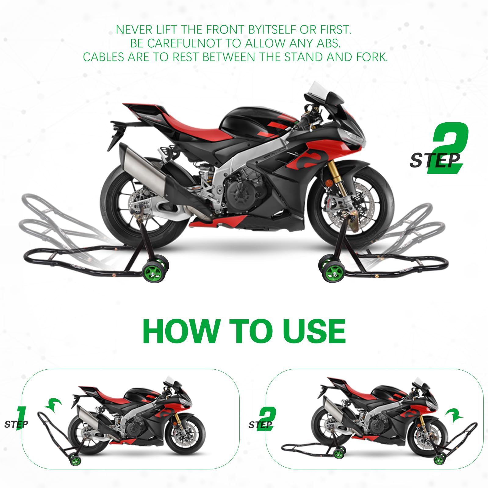 MOTO4U Universal Motorcycle Front & Rear Wheel Lift Stand Combo - Paddock Stand with Swingarm Spool for Sportbikes (Green Wheel) - Perfect for Garage Maintenance, Tire Changes & Bike Storage