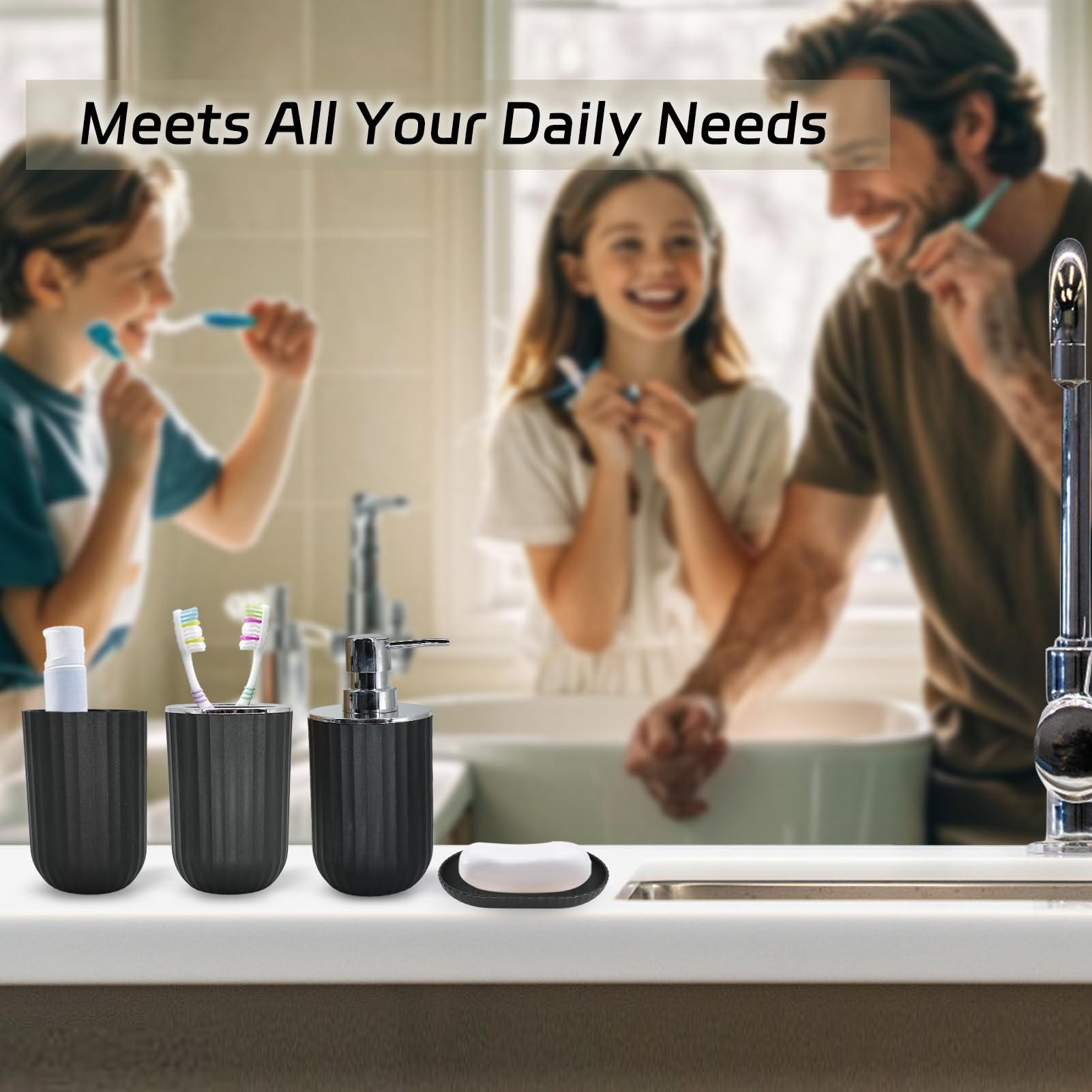 9-Piece Black Bathroom Accessories Set - Includes Trash Can, Shower Curtain, Vanity Tray, Soap Dispenser, Soap Dish, Toothbrush Holder & Cup, Toilet Brush | Modern Bath Decor for Home & Hotel Use