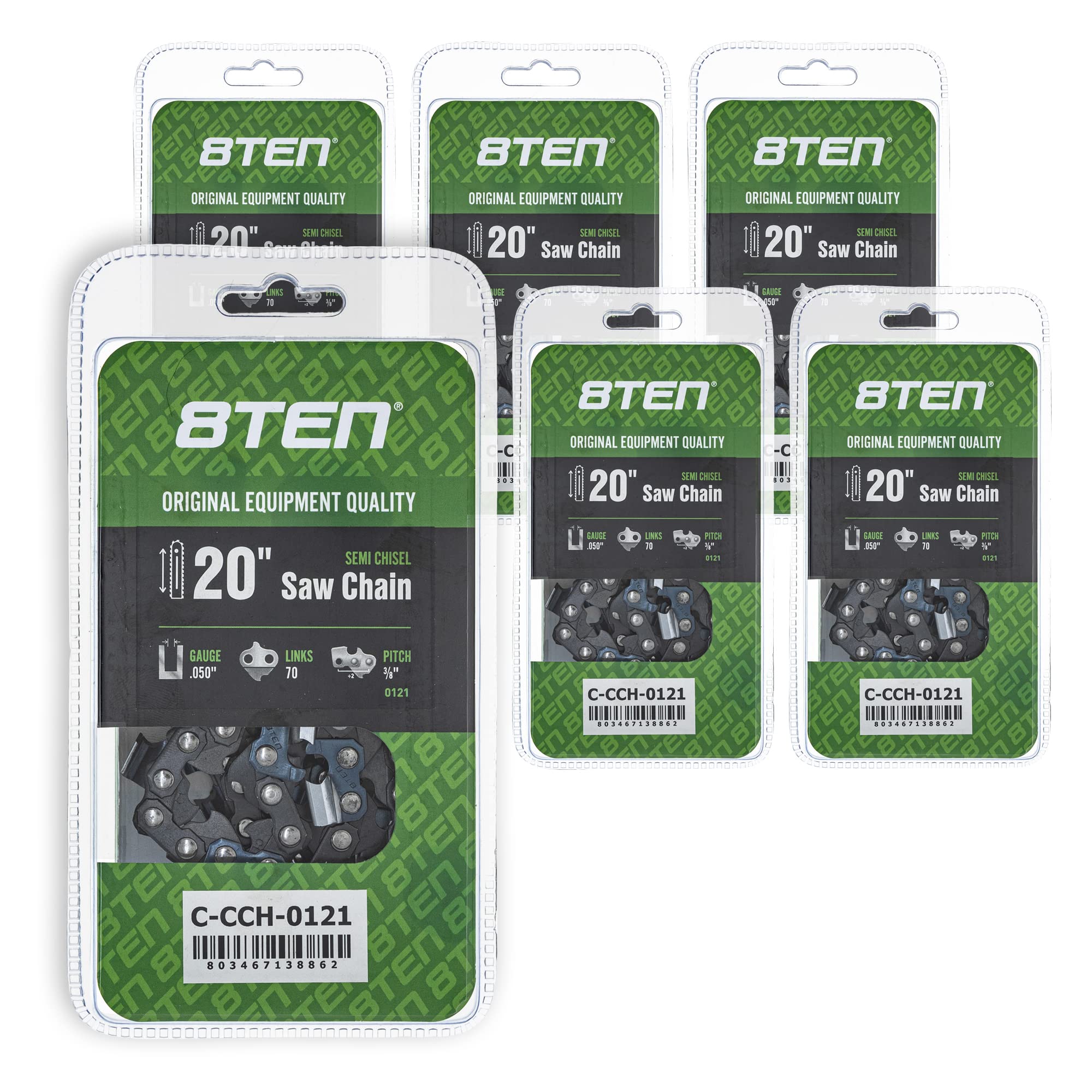 8TEN Semi Chisel Chainsaw Chain 20 Inch .050 Gauge 3/8 Pitch 70DL - Compatible with Echo CS-590, Poulan PP5020AV, Jonsered 2063, Makita (6 Pack) - Ideal for Firewood Cutting, Tree Trimming, and Landscaping