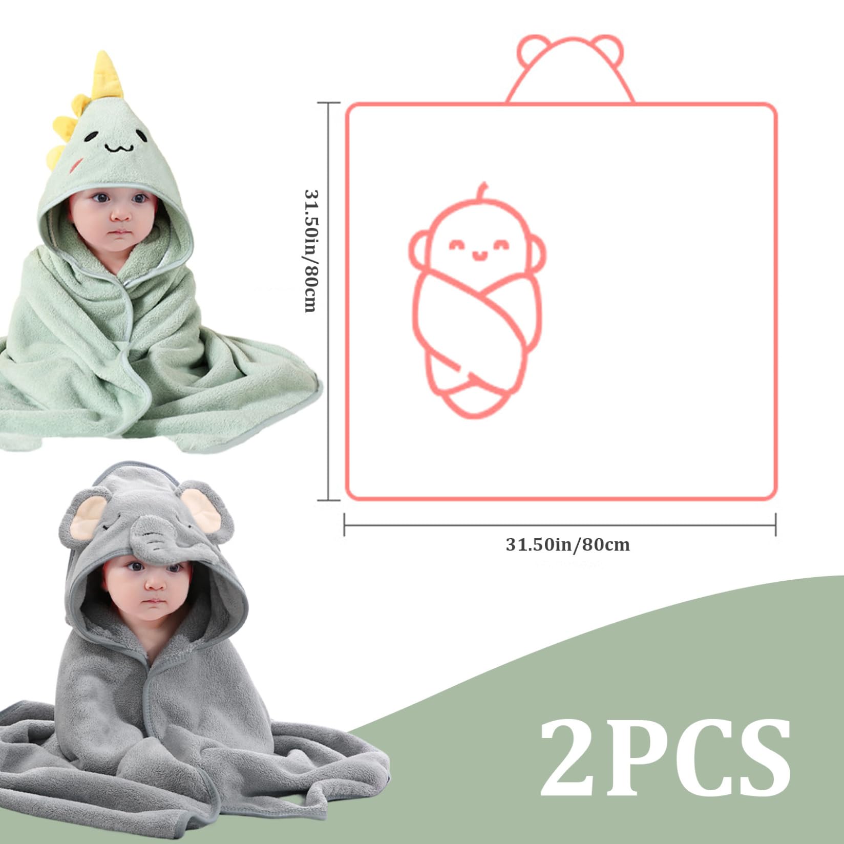 Soft & Absorbent Hooded Baby Towels 2Pcs - 32x32