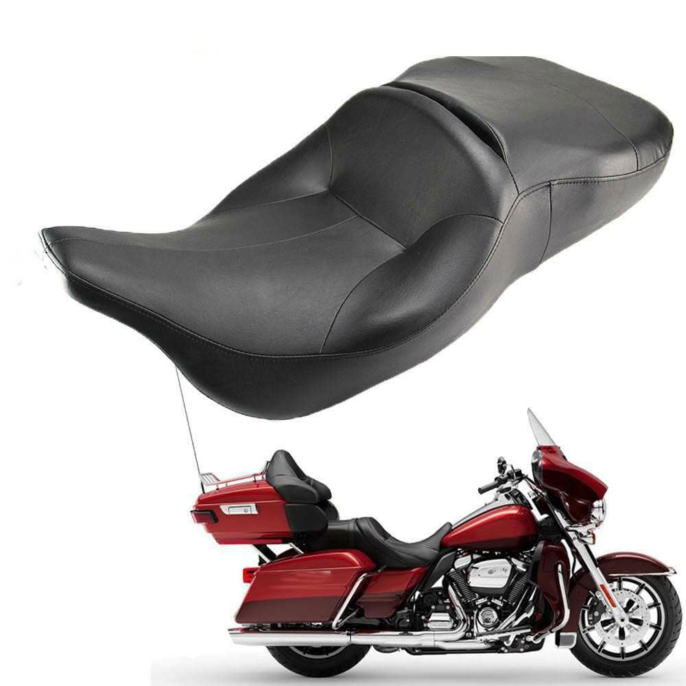 1997-2007 Harley Touring Electra Glide Replacement Seat - Genuine Leather One-Piece 2-Up Pillion Motorcycle Seat for FLHT FLHTC FLHTCU Classic/Standard/Ultra Models - Black Comfort Seat for Rider & Passenger - Perfect for Long Distance Cruising & Road Trips