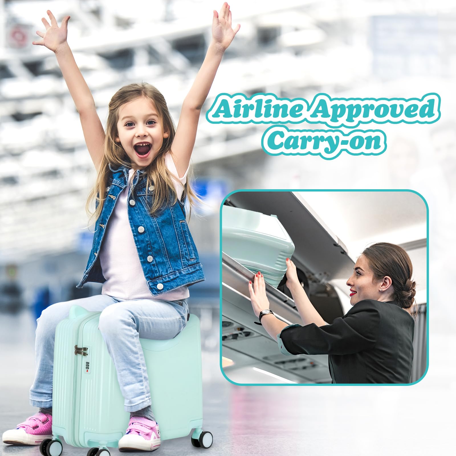 20 Inch Kids Ride-On Travel Suitcase with Spinner Wheels & Combination Lock - Cute Ear Toddler Carry-On Luggage for Boys & Girls (Green) | Perfect for Airplane Travel, Family Vacations & School Trips