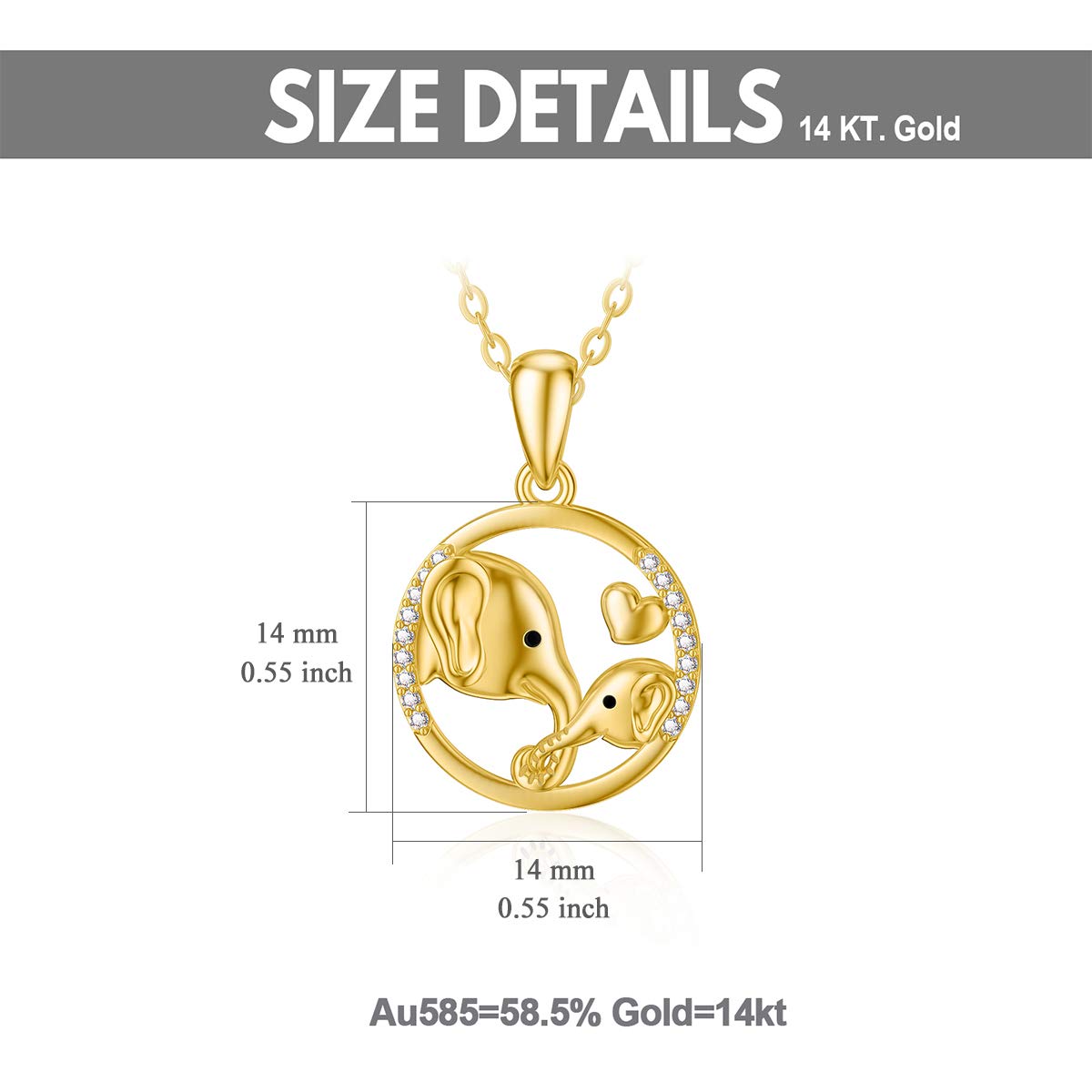 14K Yellow Gold Elephant Heart Pendant Necklace for Women - Real Gold Lucky Elephant Jewelry with 5A Cubic Zirconia - Valentine's Day Gift for Wife, Mother, Girlfriend - Perfect for Anniversary, Birthday & Special Occasions (16