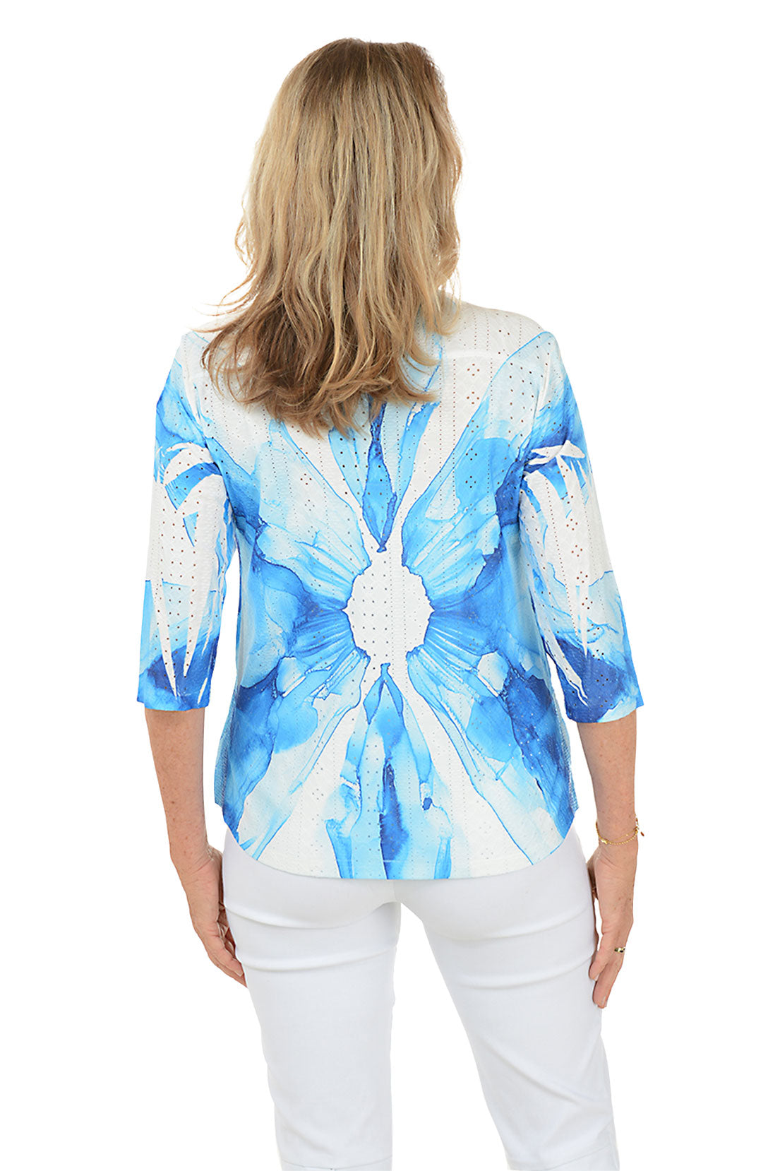 Petite Blue Floral High-Low Eyelet Blouse for Women - Casual Summer Tops for Beach & Date Night