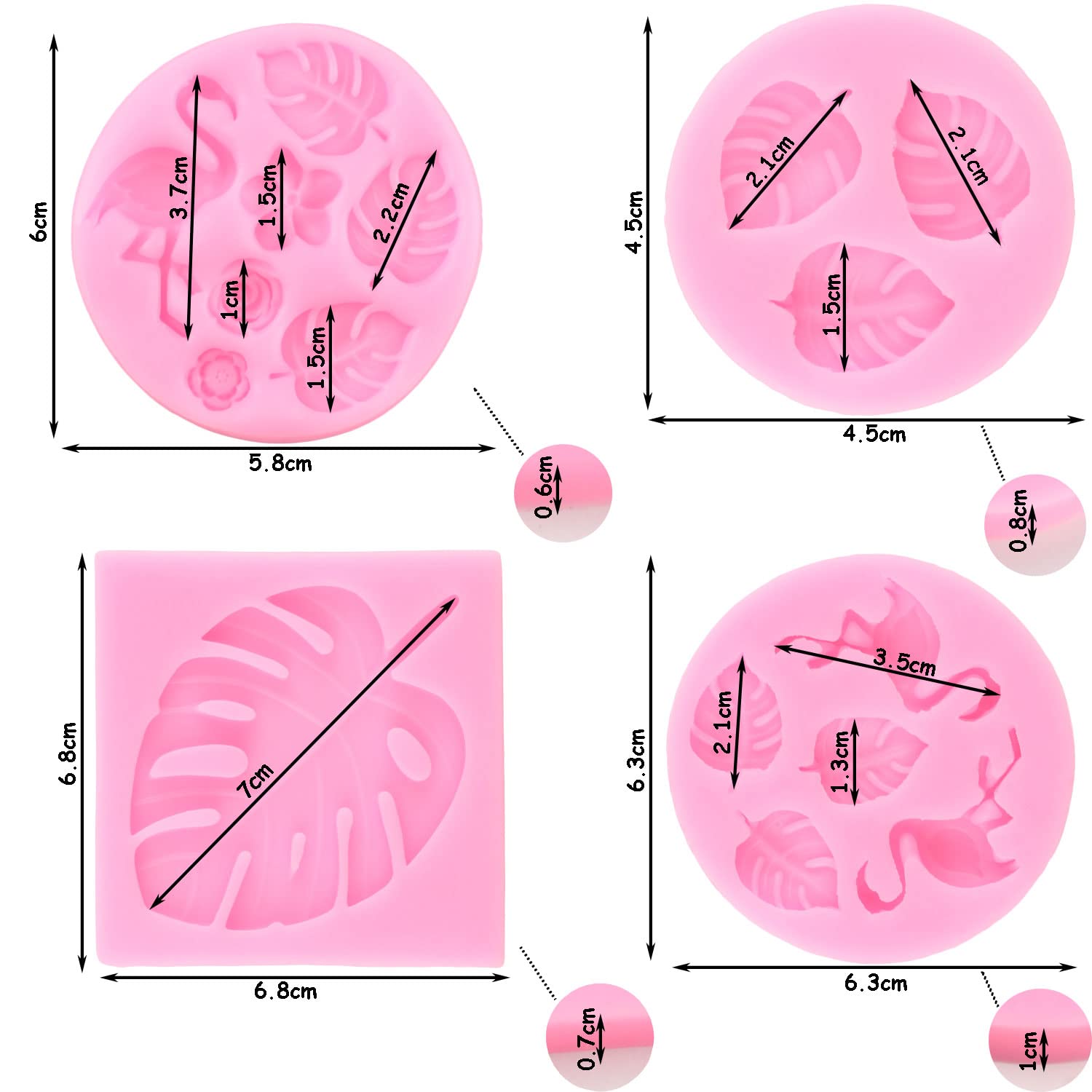 Tropical Leaf Silicone Molds Set of 4 - Flamingo & Monstera Leaves Fondant Mold for Cake Decorating, Cupcake Toppers, Candy, Polymer Clay, Chocolate & Gum Paste - Perfect for DIY Baking, Wedding Cakes, Birthday Parties & Home Decor