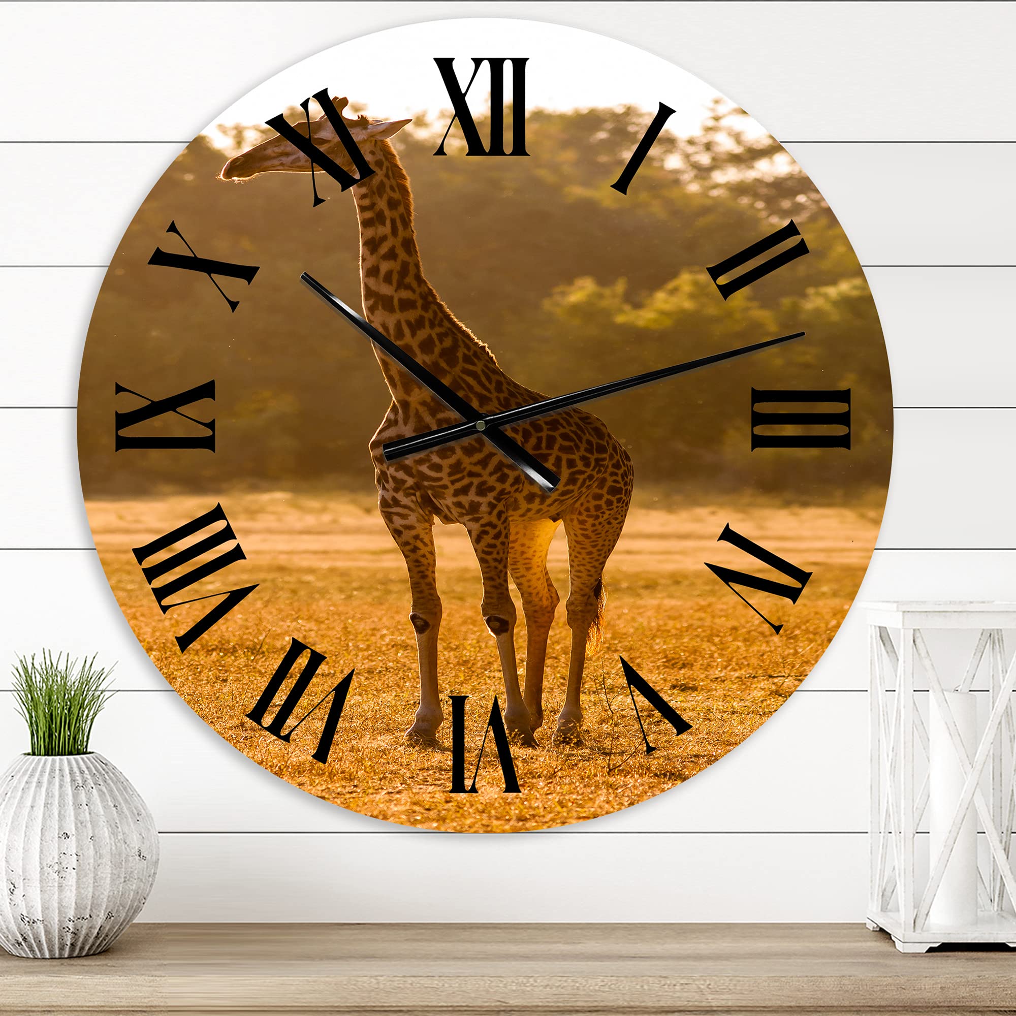 DesignQ Farmhouse Wall Clock 'African Giraffe in The Wild II' - Large Animal Wall Clock for Living Room, Kitchen, Bedroom Decor - Rustic Home & Office Wall Art