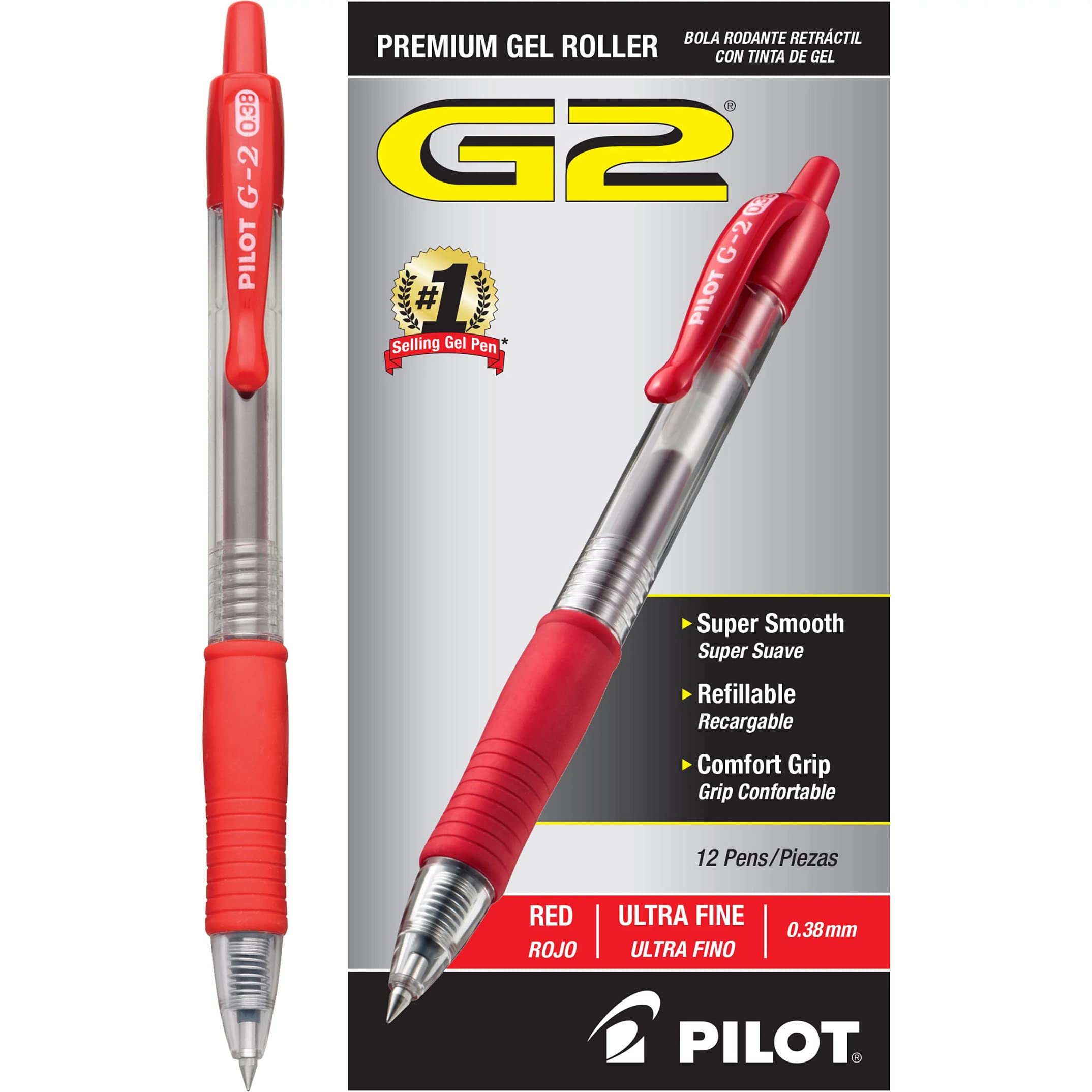 Premium PILOT G2 Retractable Gel Pens - Ultra Fine 0.5mm Point, Smooth Red Ink, 12-Pack (31279) - Ideal for Office Work, School Notes, Journaling & Gift Giving