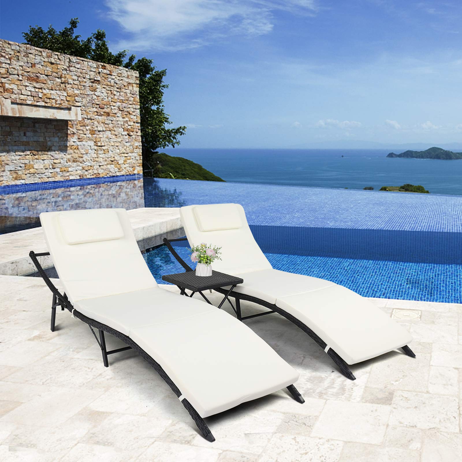 HOSKL 3-Piece Metal Outdoor Chaise Lounge Chair Set - Adjustable Reclining PE Wicker Rattan Patio Furniture with Folding Side Table & Removable Cushion for Poolside, Beach, Garden, and Backyard Relaxation (Beige)