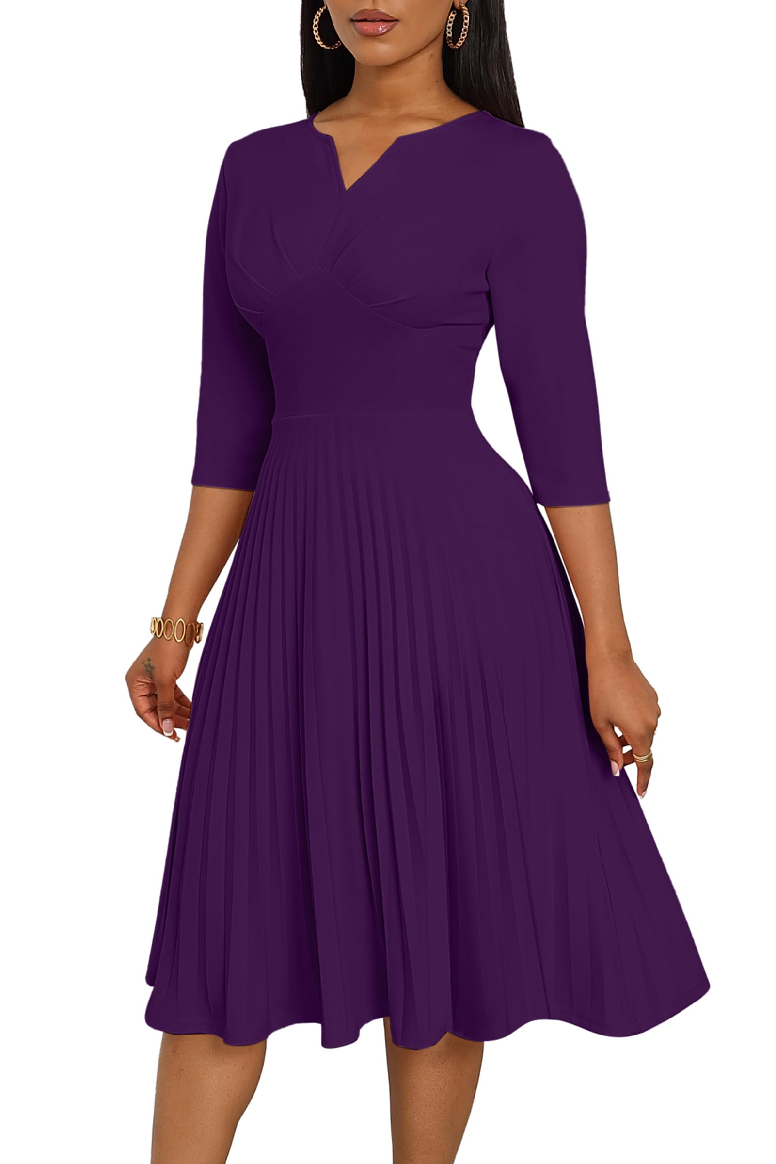CLOCOR Women's Midi Dress - Casual Wrap Flare Pleated A-Line Dress with 3/4 Sleeves & V-Neck | Perfect for Church, Cocktail Parties, Weddings & Guest Occasions | Elegant Everyday Wear & Special Events