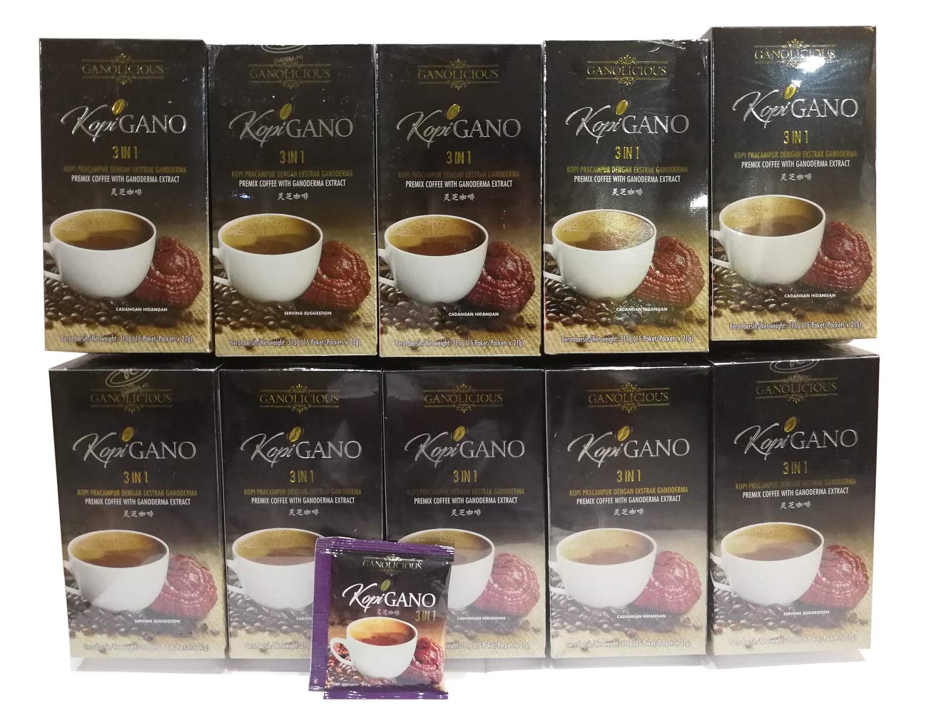 Gano Kopi 3 in 1 Instant Coffee Mix - 10 Boxes (150 Sachets) - Premium Ganoderma Mushroom Coffee for Energy Boost & Immunity Support - Perfect for Office, Travel & Home Brewing