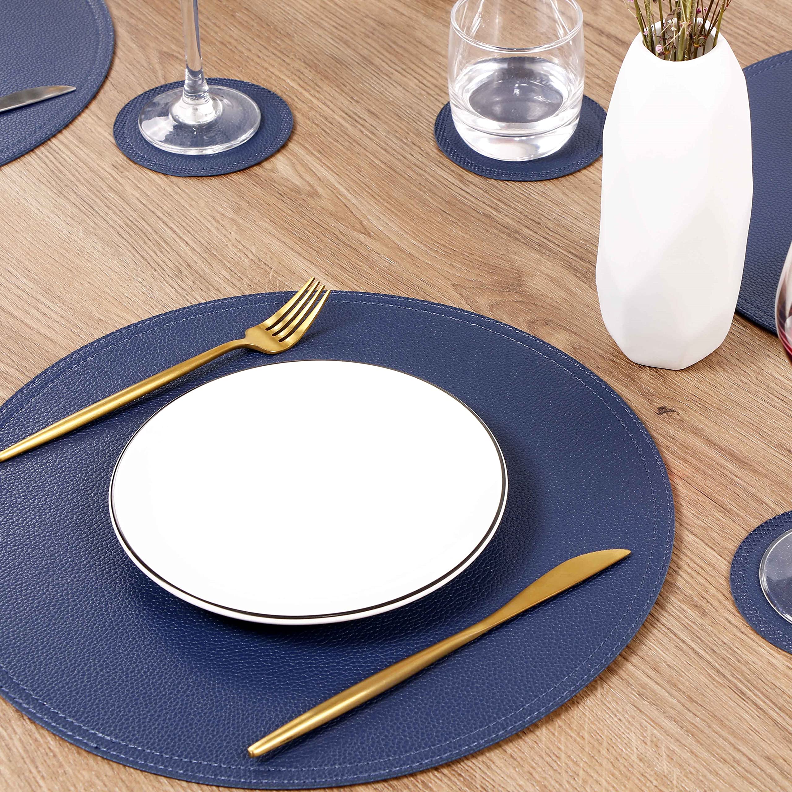 6-Pack Waterproof Faux Leather Round Placemats and Coasters Set - Easy Clean Kitchen Table Mats for Dining Room, Coffee Bar & Home Decor - Perfect for Everyday Use, Dinner Parties & Entertaining