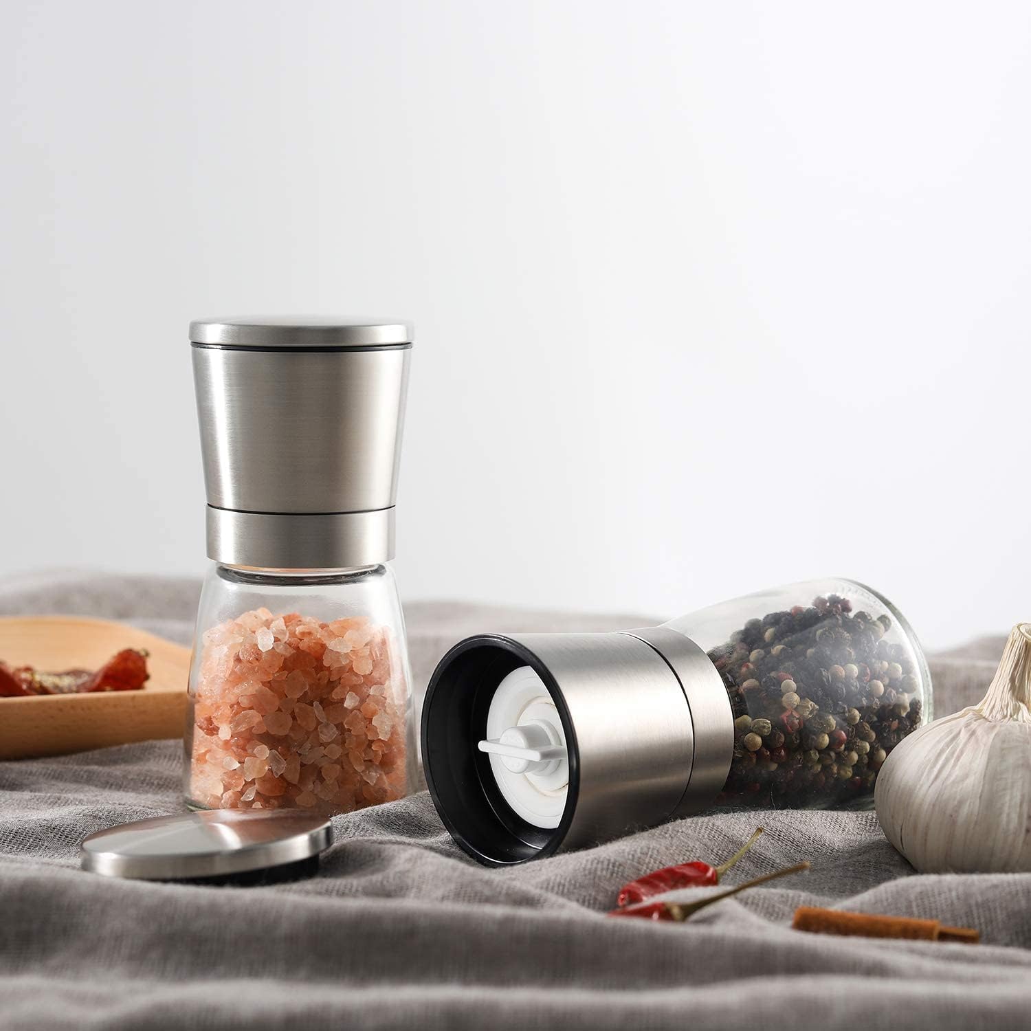 Premium Stainless Steel Salt and Pepper Grinder Set - Adjustable Ceramic Core Spice Mill with Glass Bottle - Perfect for Kitchen, Dining Table & Gourmet Cooking - Refillable Manual Pepper & Salt Shaker for Fresh Seasoning