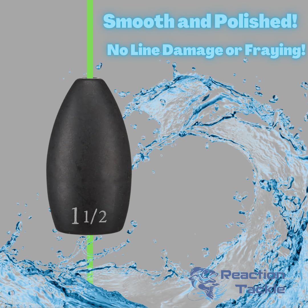 Reaction Tackle Tungsten Flipping Weights for Bass Fishing - Heavy Duty Punching Sinkers for Texas & Carolina Rigs - Freshwater & Saltwater Use - Size Stamped Weights - Perfect for Heavy Cover Fishing & Flipping Techniques