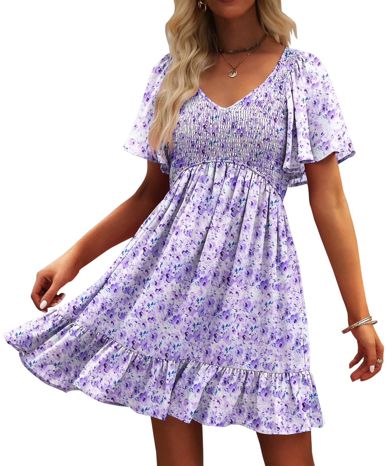 Women's Floral Smocked V-Neck Flutter Sleeve Sundress with Pockets - Casual Spring Summer Dress 2025 - Perfect for Beach, Vacation, and Outdoor Parties