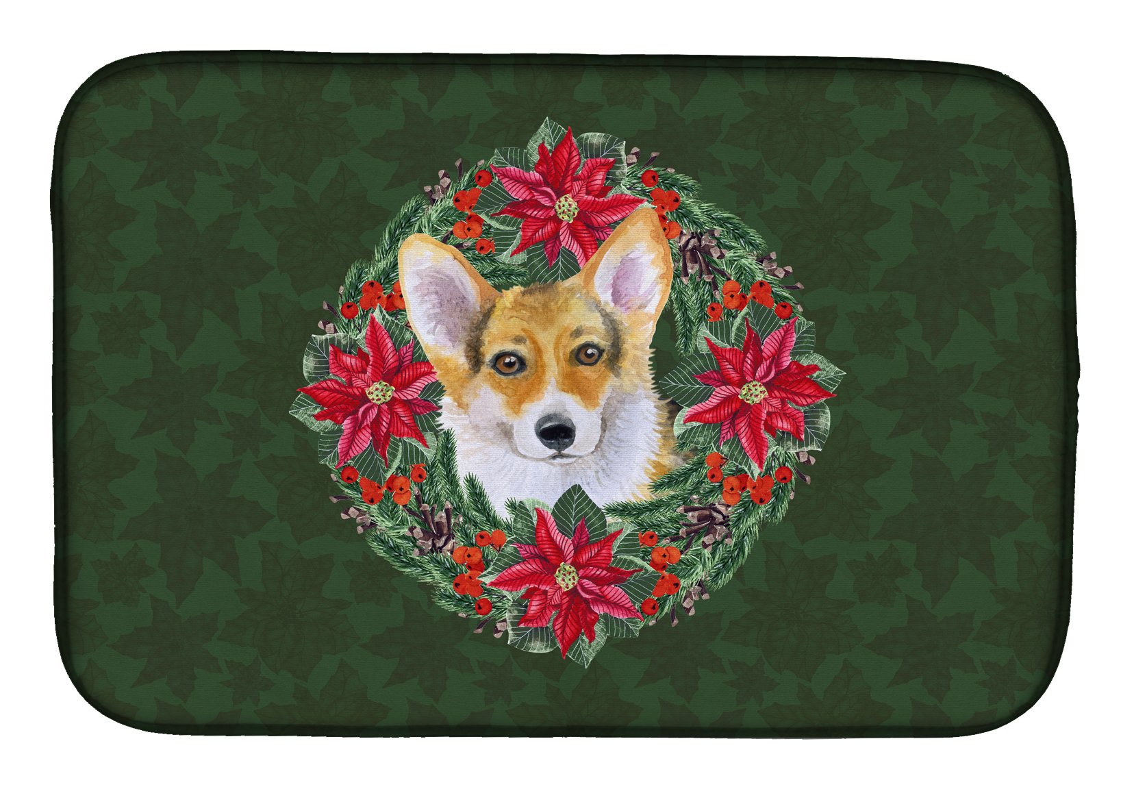 Pembroke Corgi Poinsettia Wreath Dish Drying Mat - Absorbent Kitchen Counter Mat for Dishes, 14 x 21 Inch Multicolor - Perfect for Holiday Decor & Countertop Protection