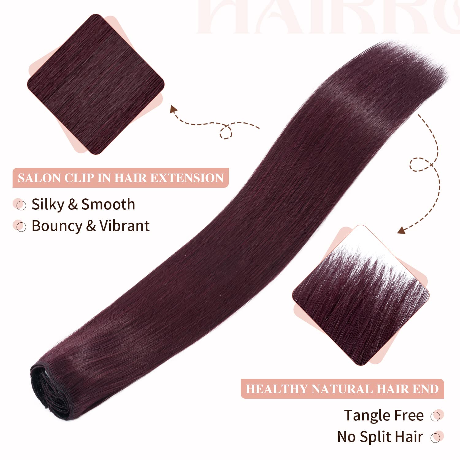 Hairro 22 Inch Clip in Human Hair Extensions - 100% Remy Human Hair, 75g Thin Weft, 8 Pcs with 18 Clips - Straight Clip on Hairpieces for Women - #99J Wine Red - Perfect for Volume, Length & Styling for Parties, Weddings & Daily Wear