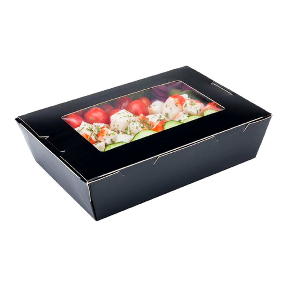 Restaurantware Cafe Vision 42oz Disposable To-Go Food Containers - 200 Pack Black Paper Takeout Boxes with Window | Leakproof Hinge Lock Design for Lunch, Desserts & Catering | Eco-Friendly Grease-Resistant Food Storage