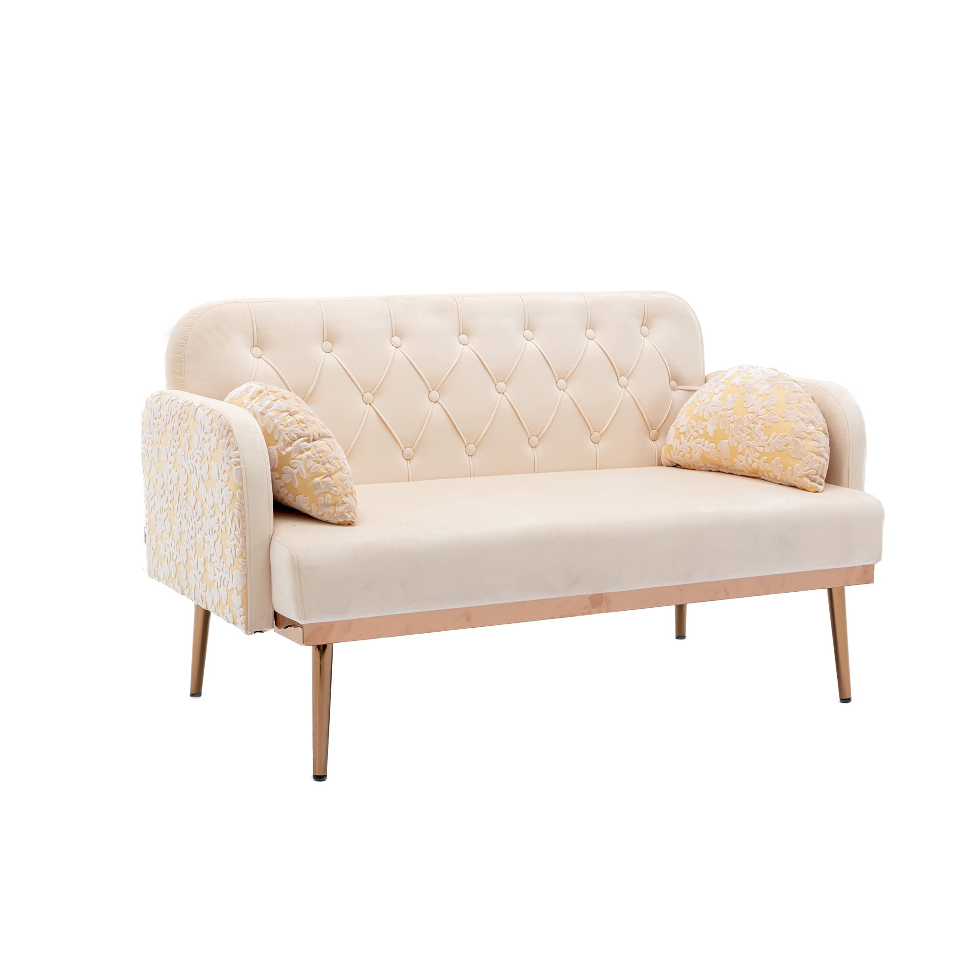 Velvet Loveseat Sofa with Rose Gold Legs & 2 Soft Pillows - Modern Accent Couch for Living Room, Bedroom, Apartment (Beige) | Perfect for Small Spaces, Reading Nook & Cozy Relaxation
