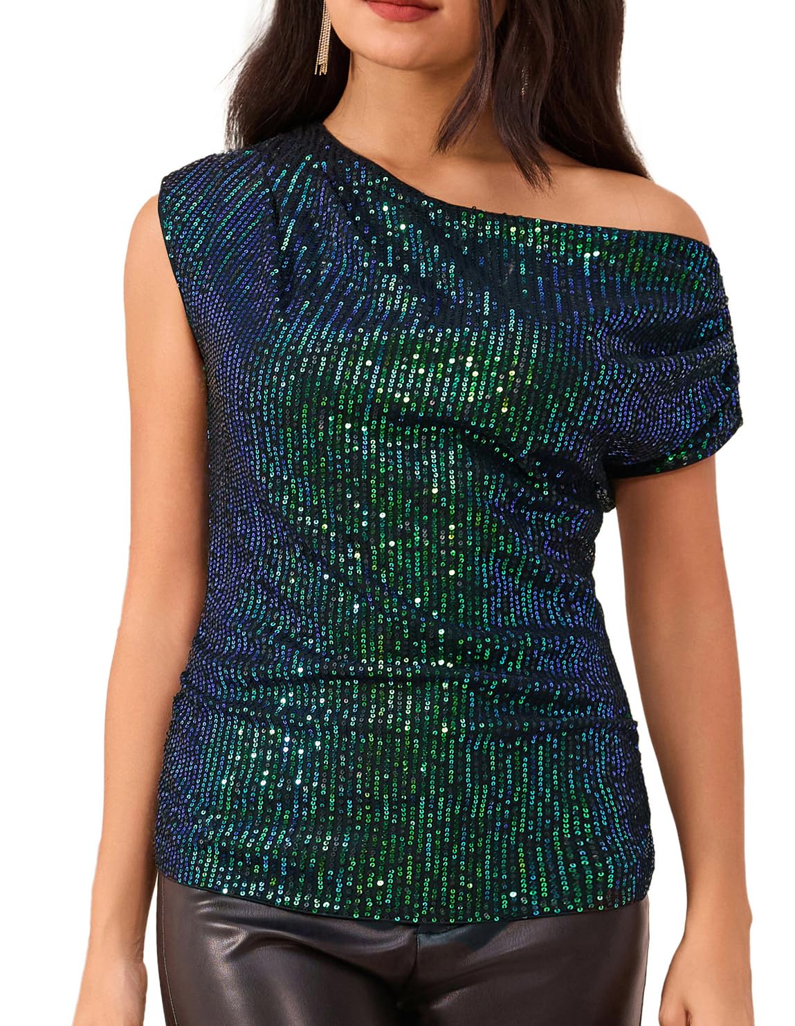 GRACE KARIN Women's Elegant Sequin Party Top - Glitter Ruched Wrap Blouse for Night Out, Clubwear & Special Occasions