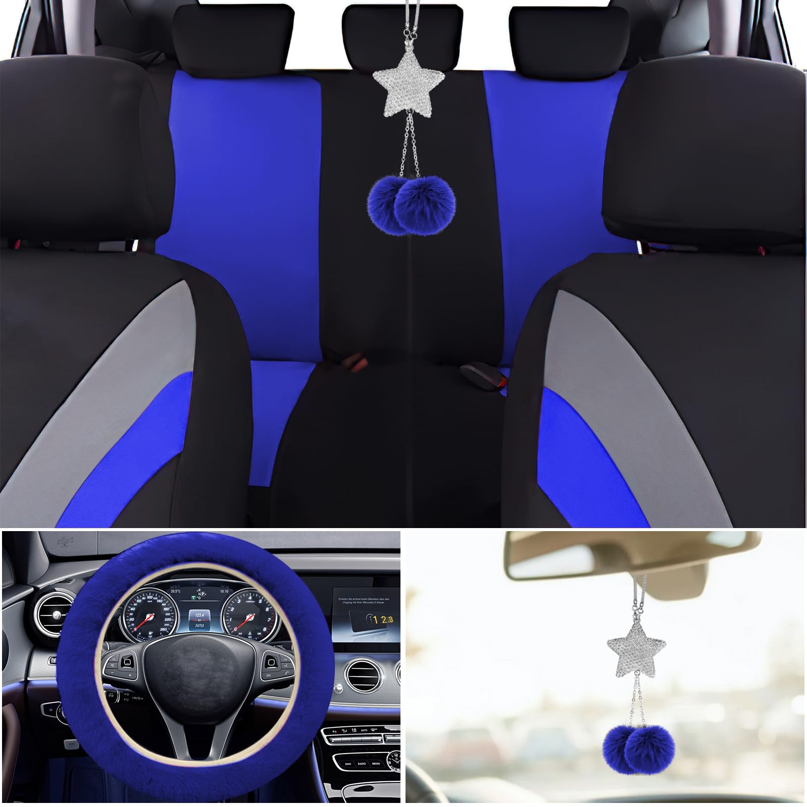 21-Piece Universal Car Seat Covers Set with Waterproof Floor Mats & Fluffy Steering Wheel Cover - Full Automotive Interior Protection for Women, SUV, Sedan (Blue) | Perfect for Road Trips, Commuting & Car Maintenance