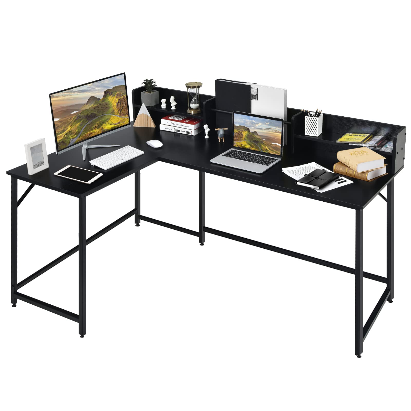 COSTWAY L-Shaped Computer Desk with Hutch - 66.5