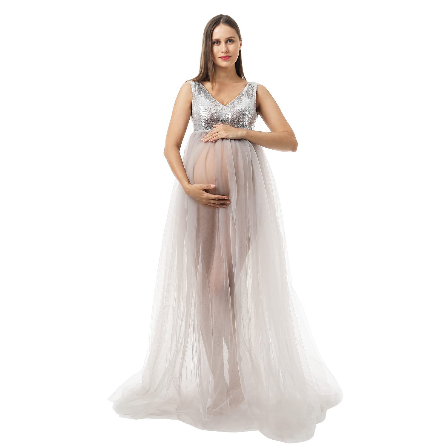 Elegant Maternity V-Neck Sequined Tulle Maxi Dress for Photoshoot, Baby Shower & Pregnancy Photos - Perfect for Maternity Photography, Bridal Shower & Special Occasions