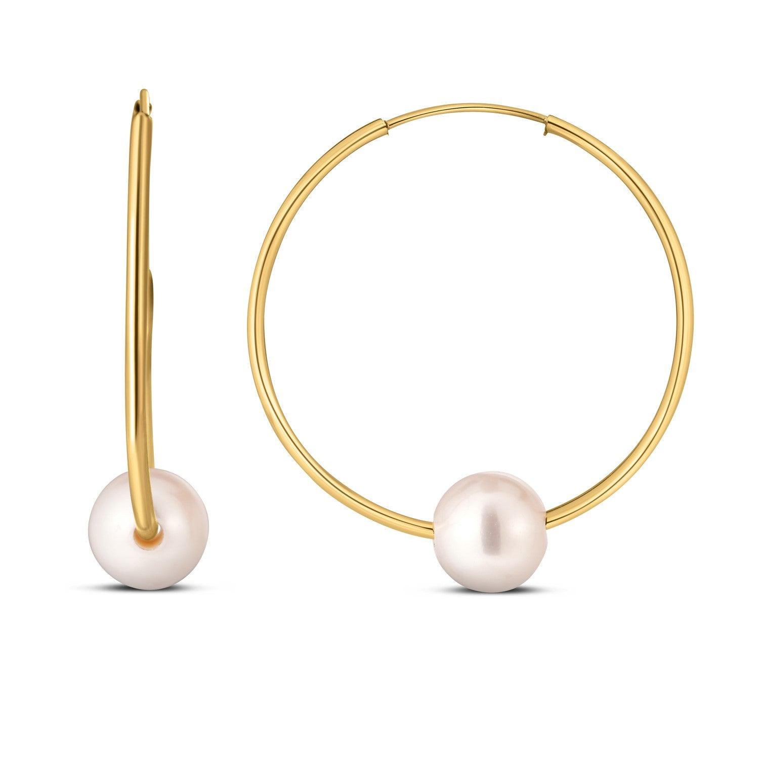 14K Yellow Gold Round Endless Pearl Earrings for Women - Classic Elegant Pearl Stud Earrings for Daily Wear, Wedding, Party & Special Occasions