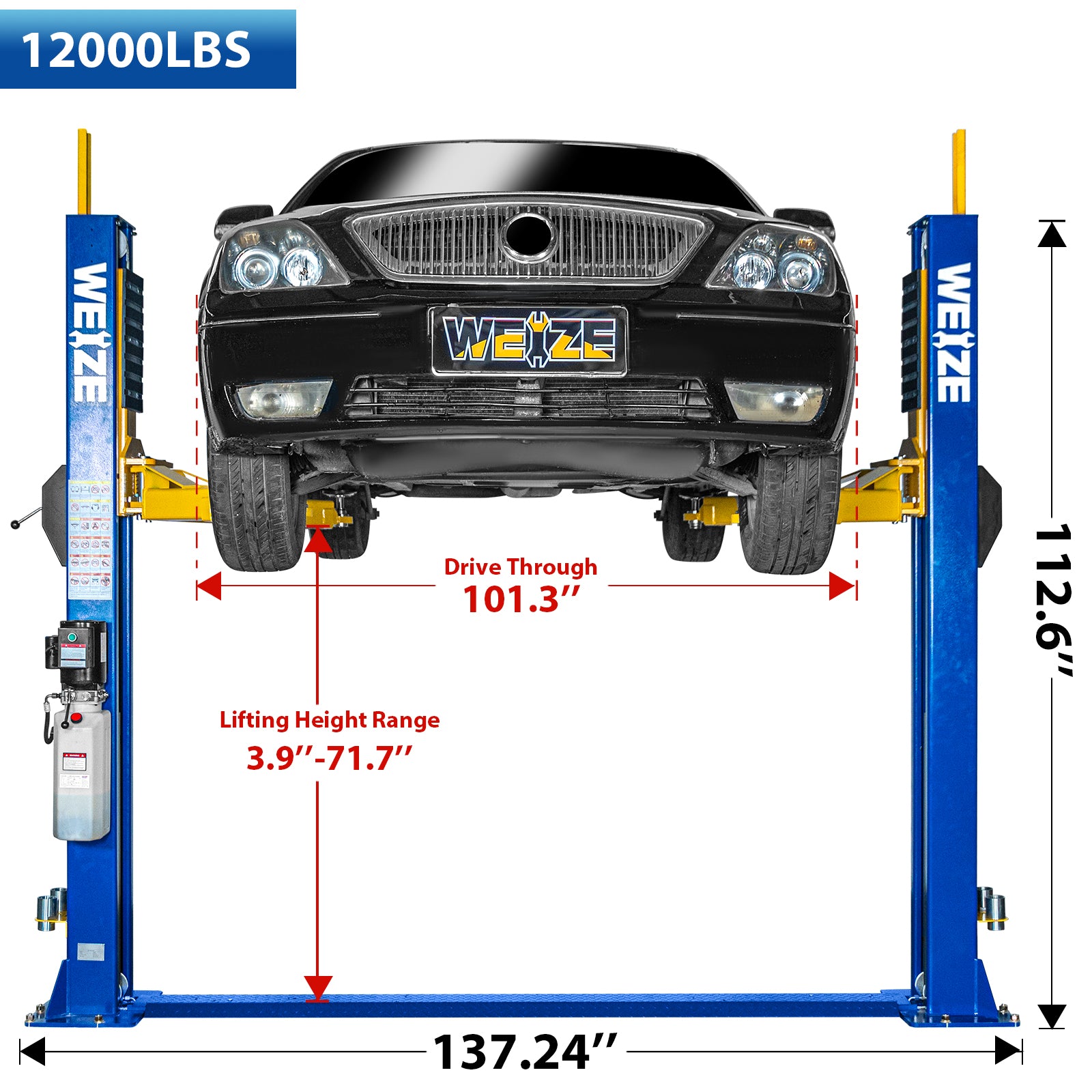 WEIZE 2 Post Car Lift 12000 lbs Capacity - 220V 4HP Heavy Duty Auto Lift with Single Point Lock Release for Auto Repair Shops & Home Garages